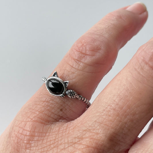 Sterling Silver Black Agate Cat & Fish Rope Ring - Oxidized Animal Jewelry