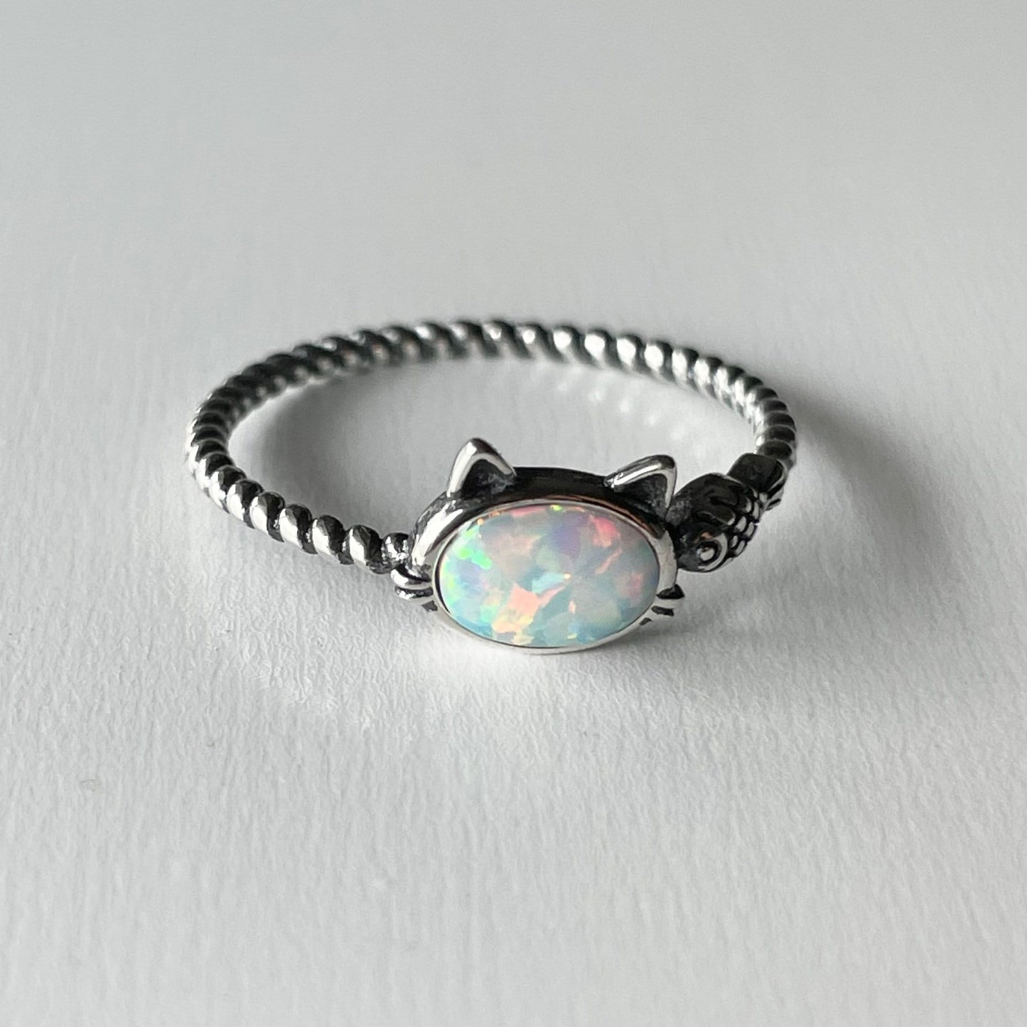 Sterling Silver White Opal Cat & Fish Rope Ring