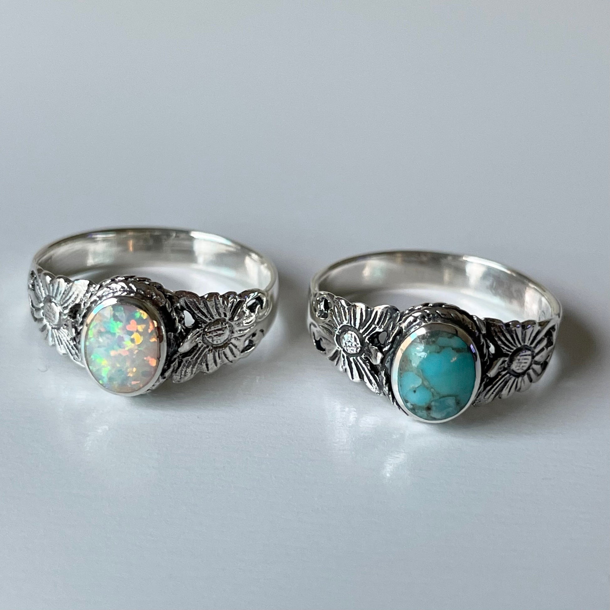 Sterling Silver Fire Opal or Turquoise Ring, Silver Butterfly Ring, Opal Silver Ring, Promise Silver Turquoise Ring, Sunflower Silver Ring.