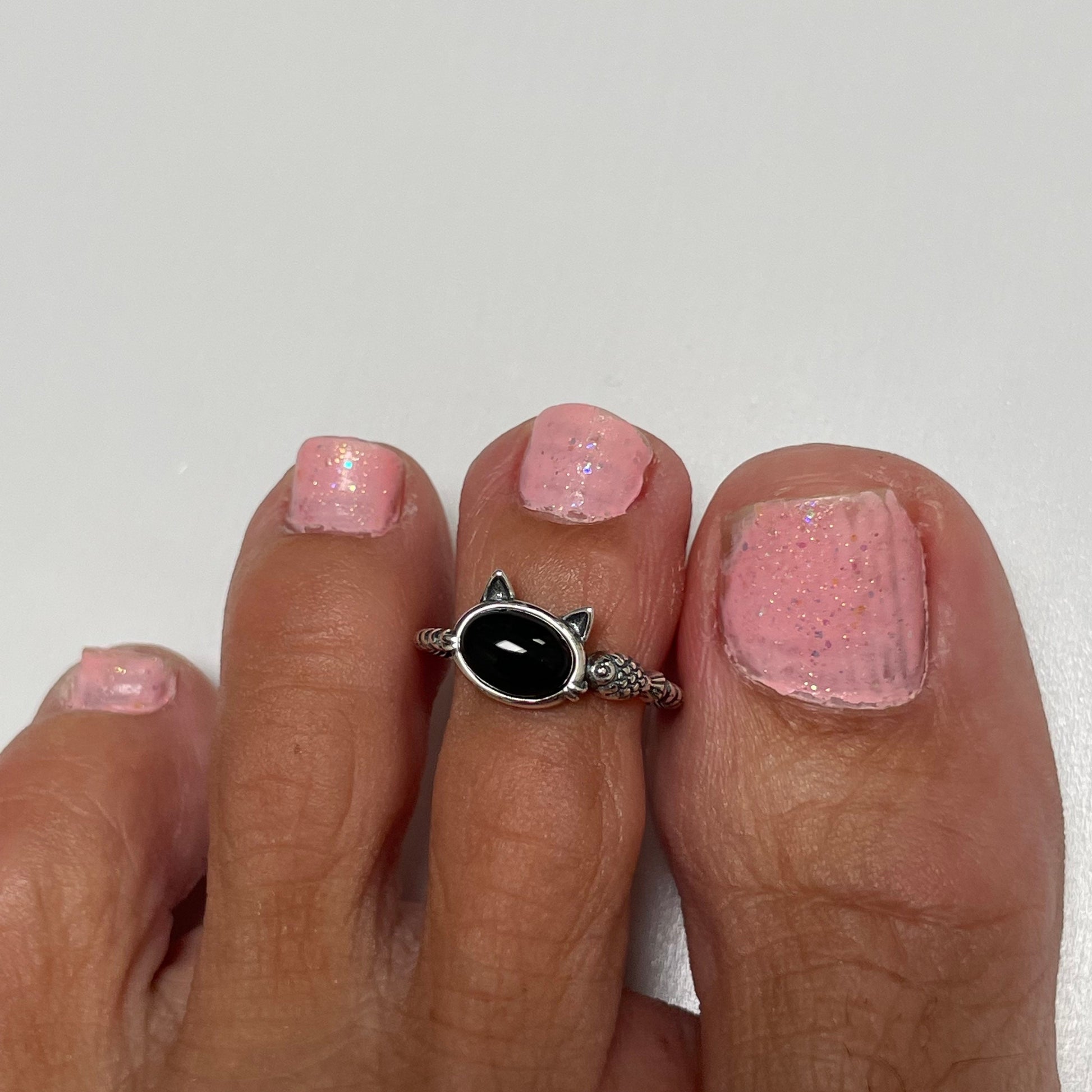 Sterling Silver Black Agate Cat & Fish Rope Ring - Oxidized Animal Jewelry