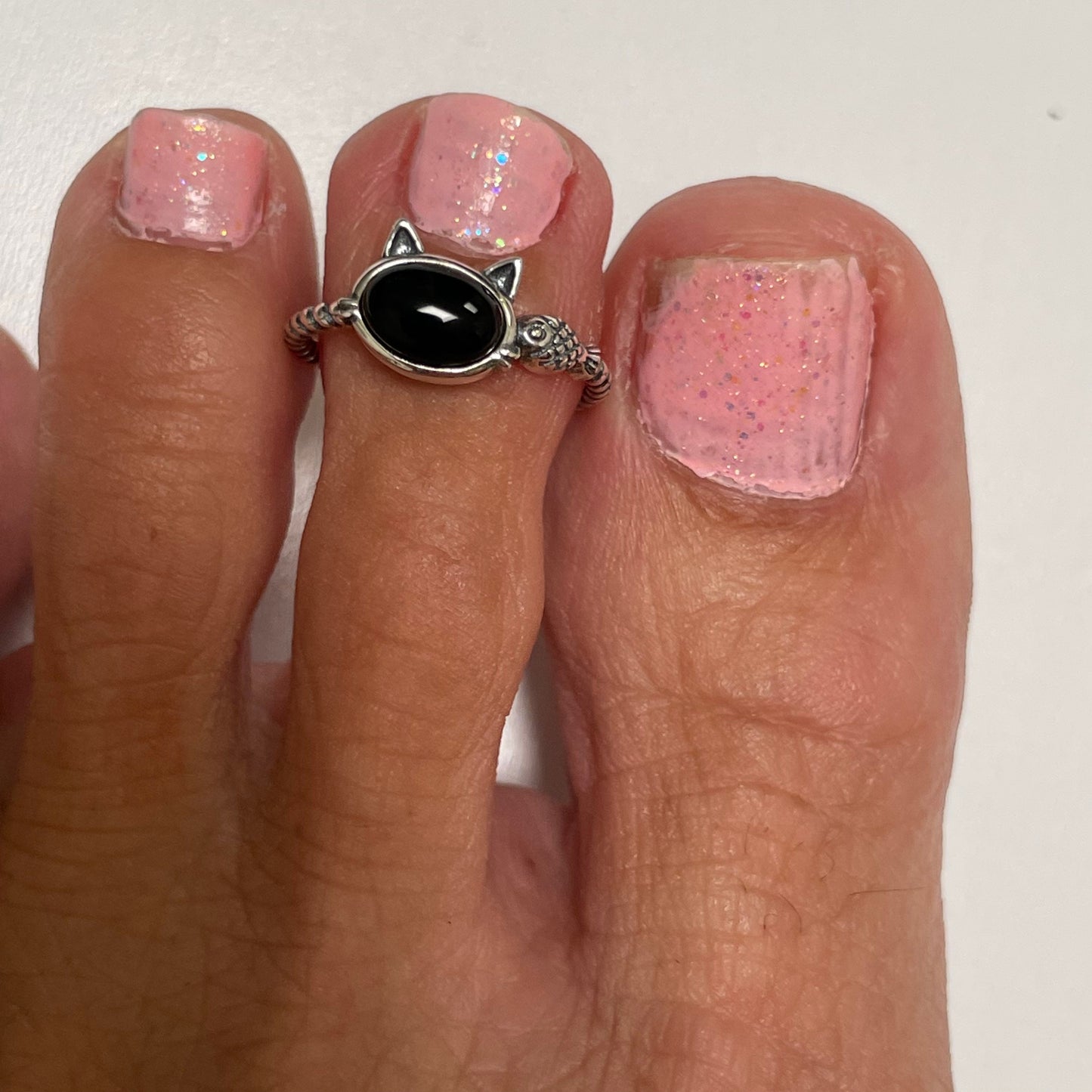 Sterling Silver Black Agate Cat & Fish Rope Ring - Oxidized Animal Jewelry