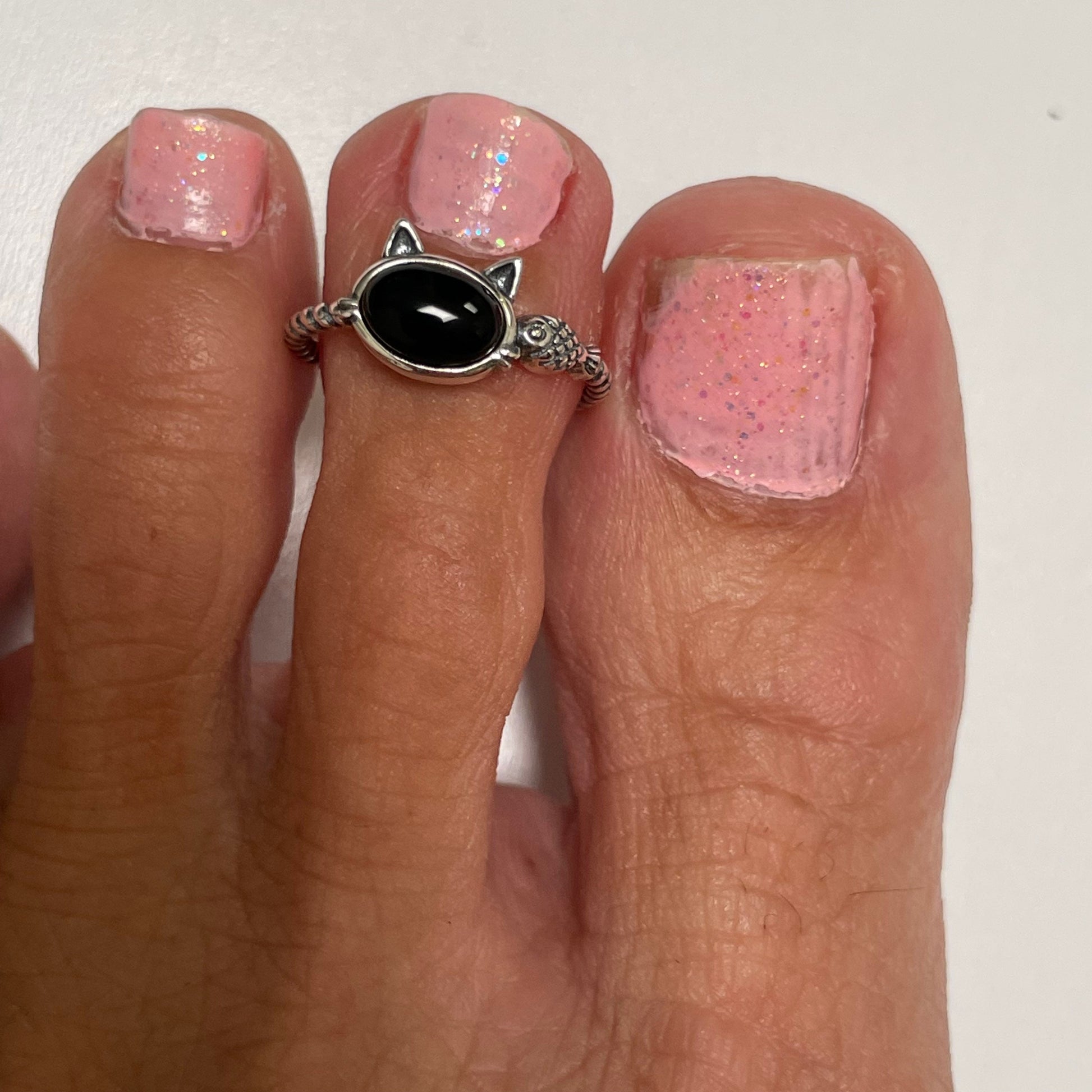 Sterling Silver Black Agate Cat & Fish Rope Ring - Oxidized Animal Jewelry