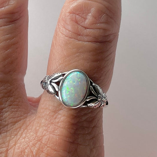 Sterling Silver White Lab Opal Ring: Butterfly Solitaire