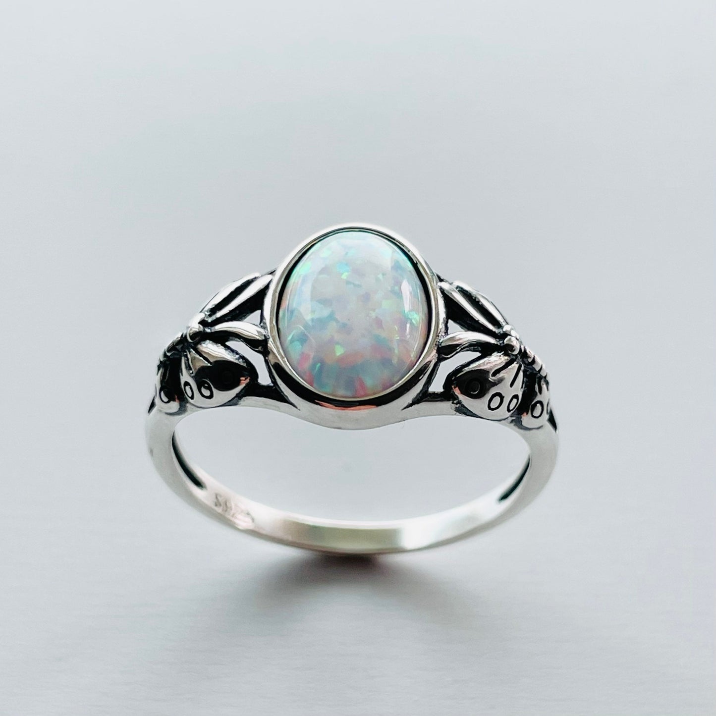 Sterling Silver White Lab Opal Ring: Butterfly Solitaire