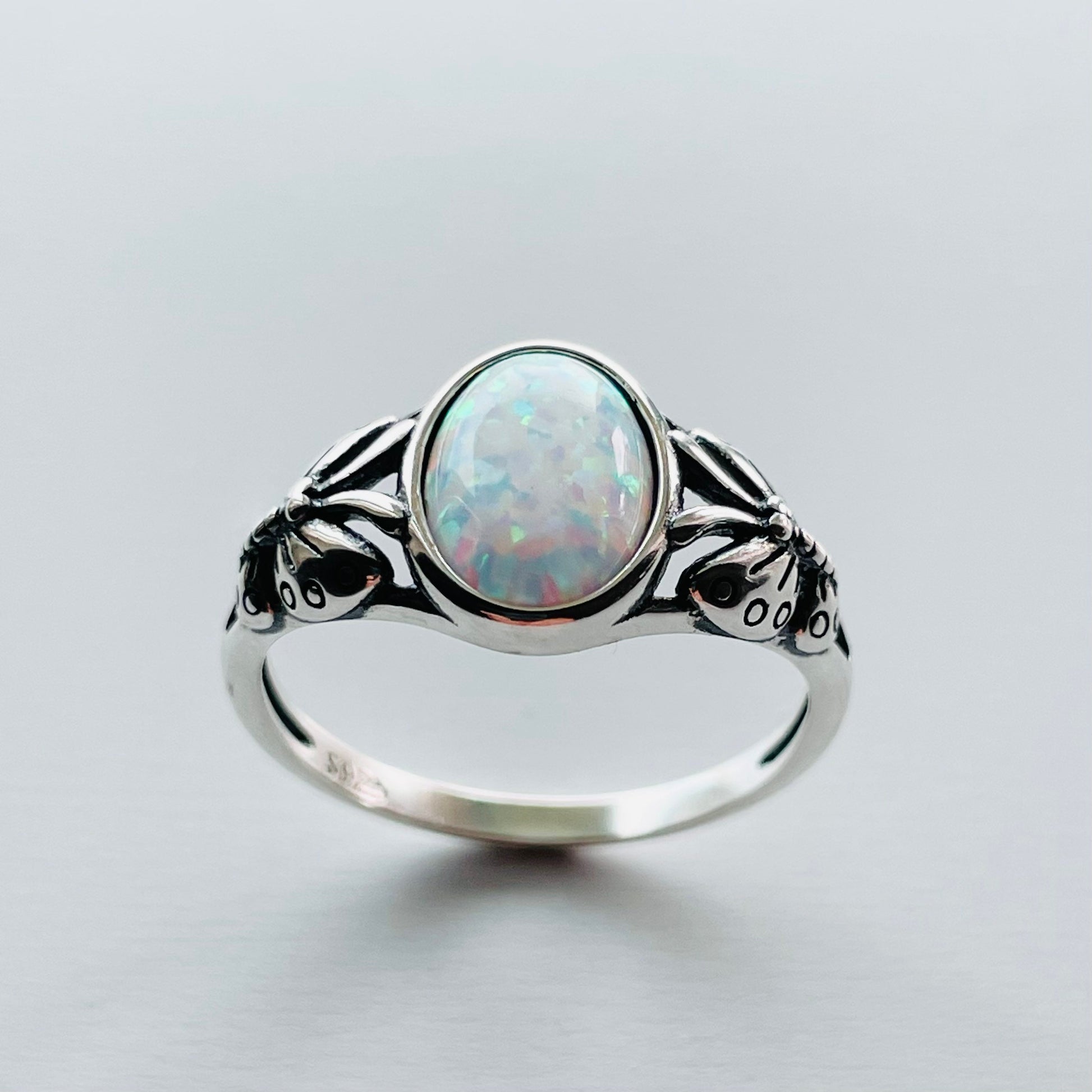 Sterling Silver White Lab Opal Ring: Butterfly Solitaire
