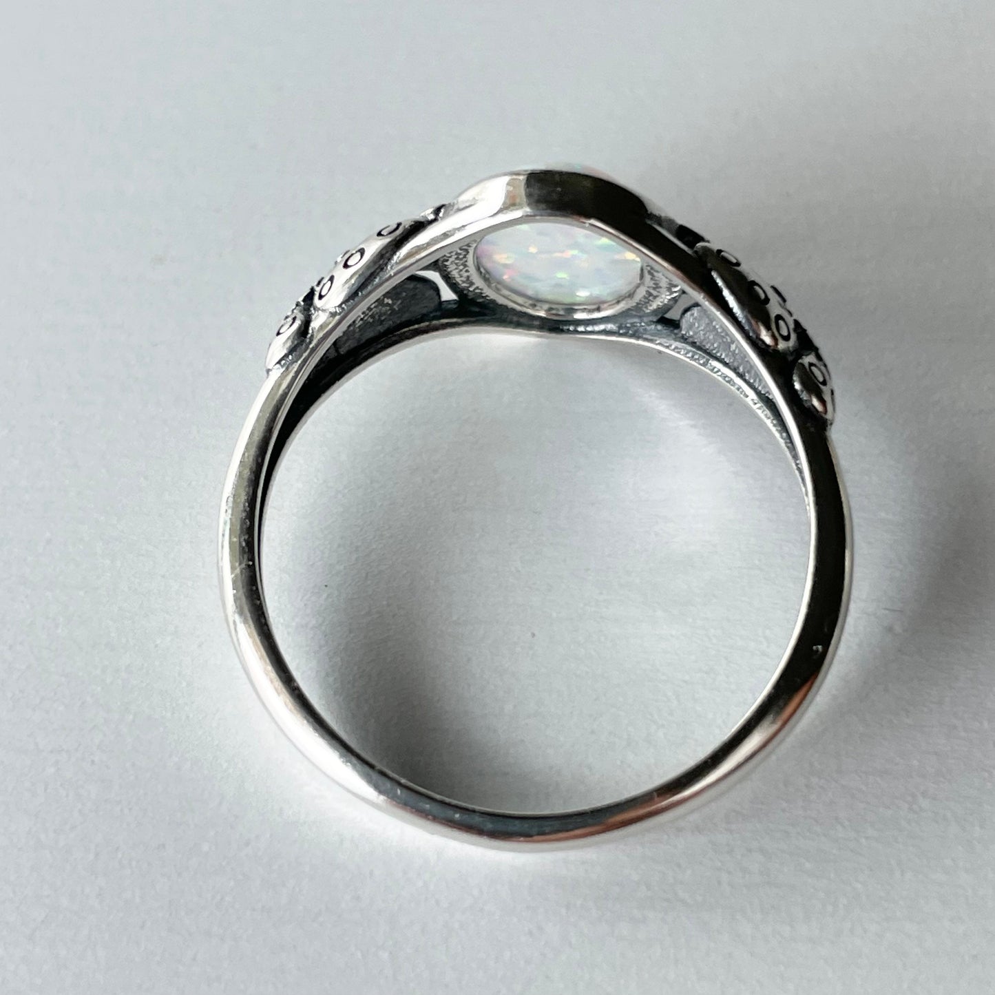 Sterling Silver White Lab Opal Ring: Butterfly Solitaire