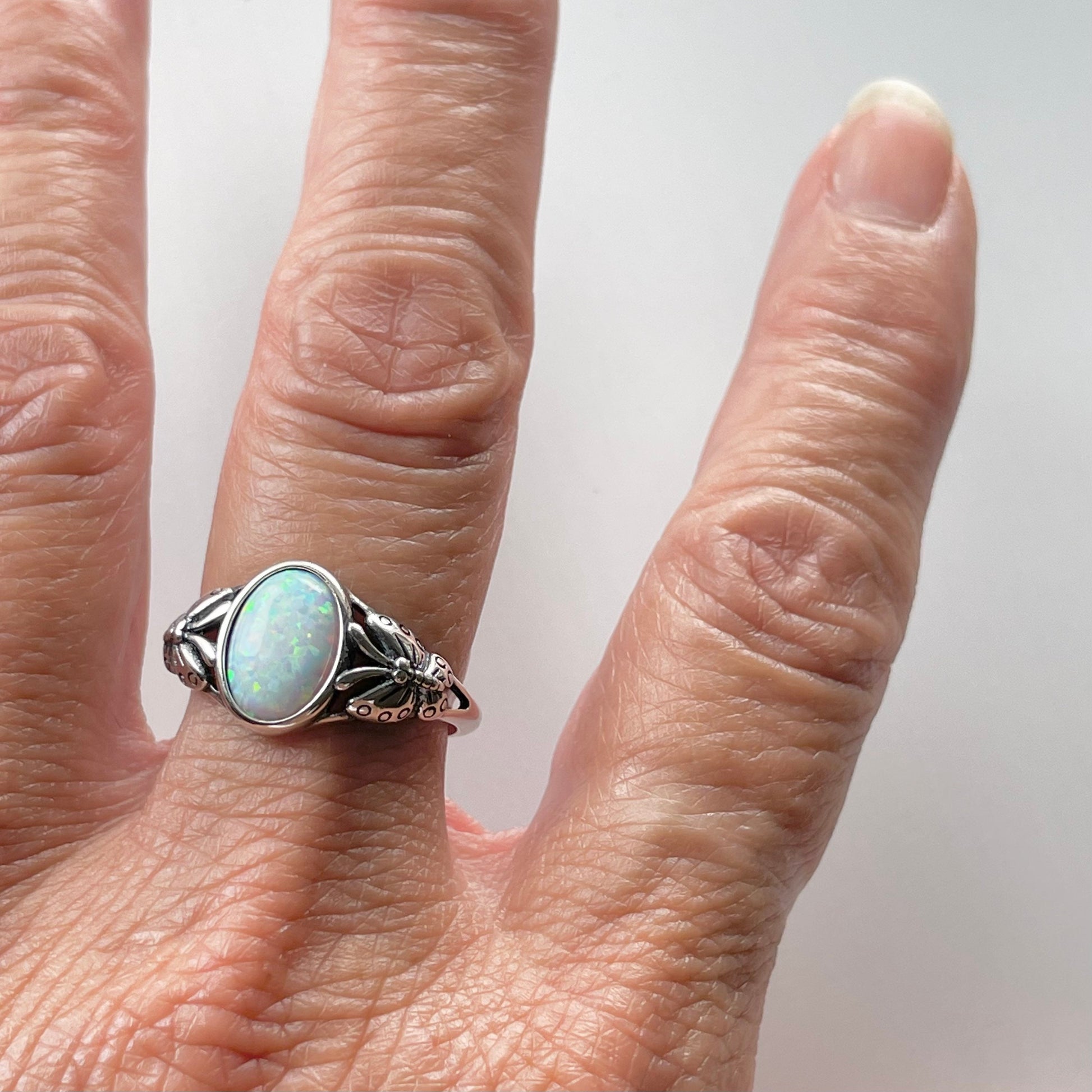 Sterling Silver White Lab Opal Ring: Butterfly Solitaire