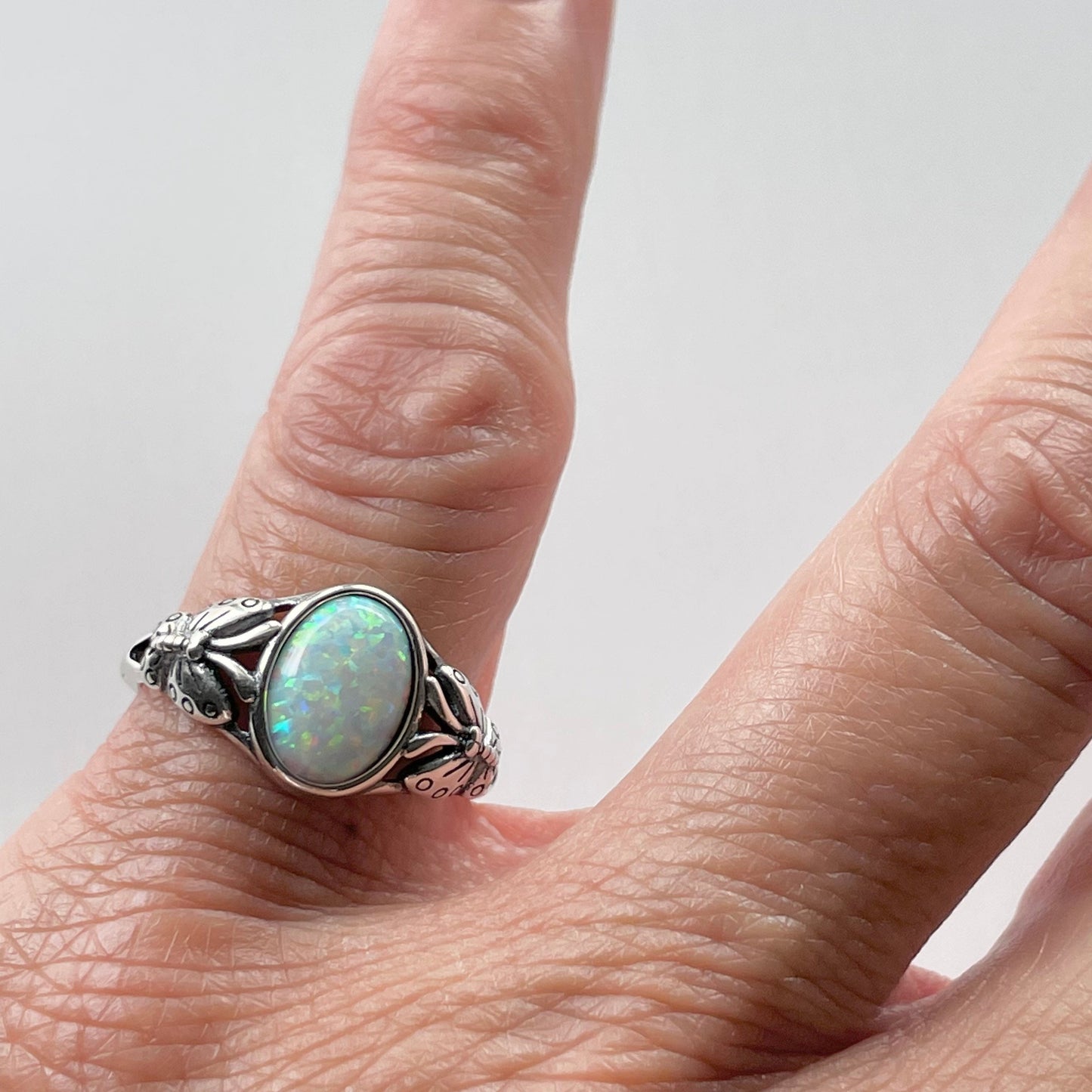 Sterling Silver White Lab Opal Ring: Butterfly Solitaire