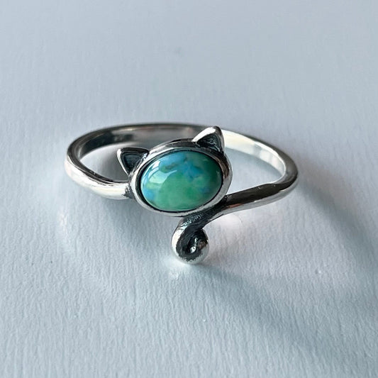 Sterling Silver Genuine Turquoise Cat Ring, Tail Cat Ring, animal ring, kitty silver ring, turquoise ring, promise ring, cat lover ring.