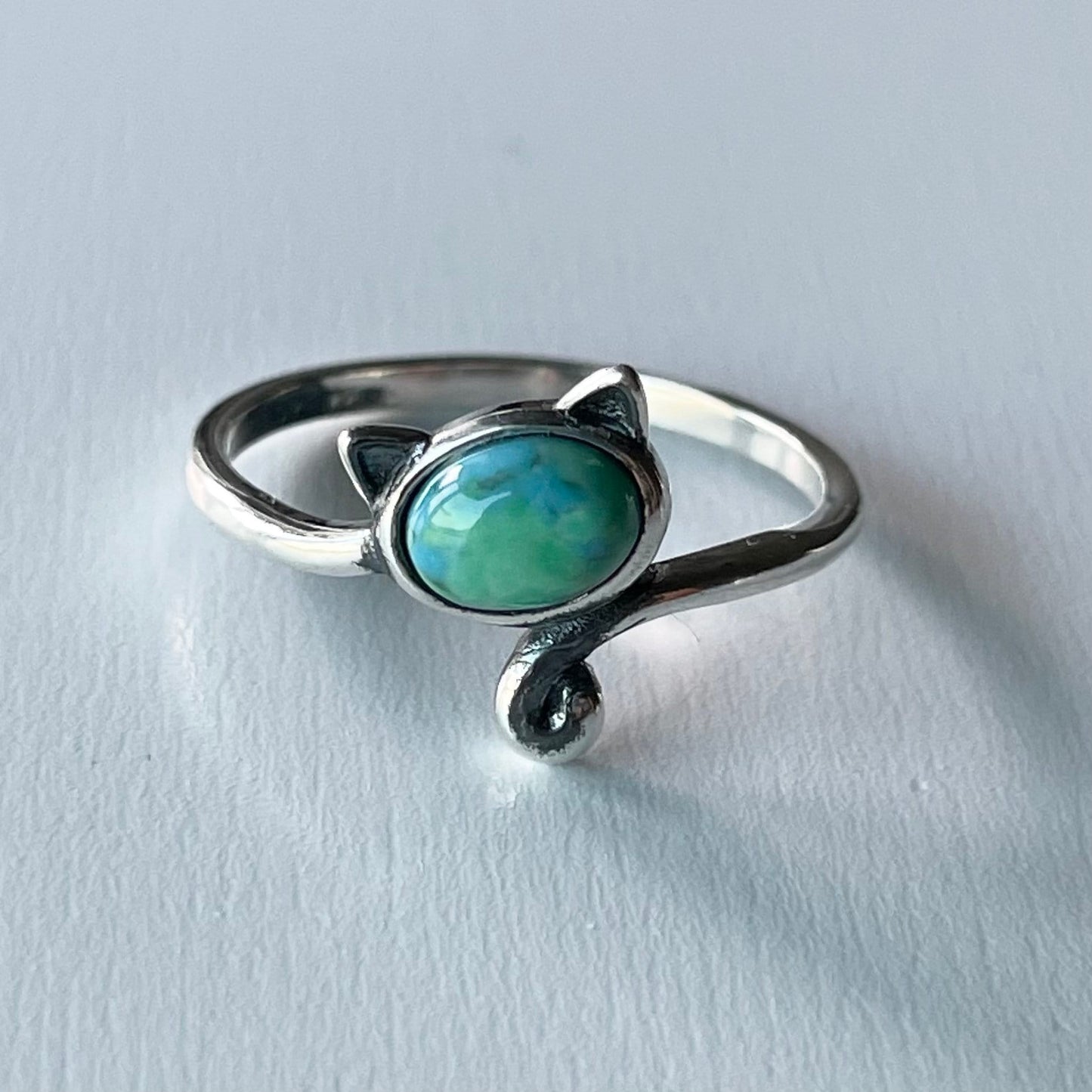 Sterling Silver Cat Ring: Genuine Turquoise Animal Jewelry