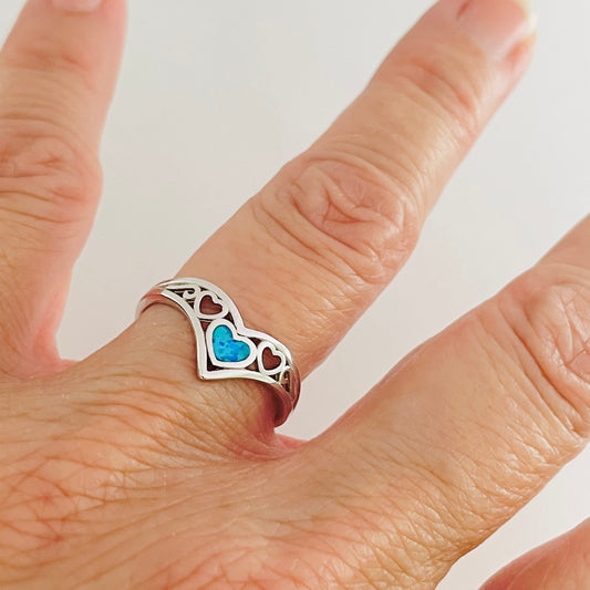 Sterling Silver V Shape Hearts Blue Lab Opal Ring, Hearts Opal Ring, Silver Hearts Ring, Boho Ring, Love Hearts Ring, Blue Opal Ring.