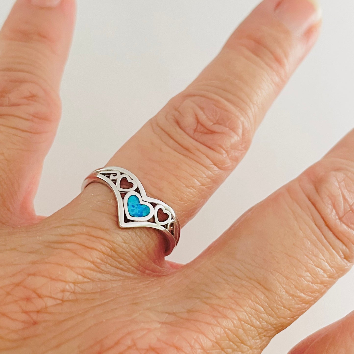 Sterling Silver V-Shape Heart Ring: Blue Lab Opal Boho Jewelry