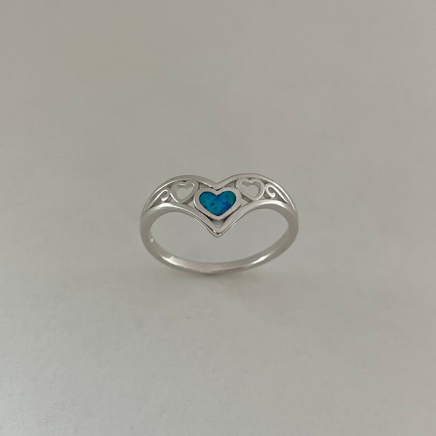 Sterling Silver V-Shape Heart Ring: Blue Lab Opal Boho Jewelry