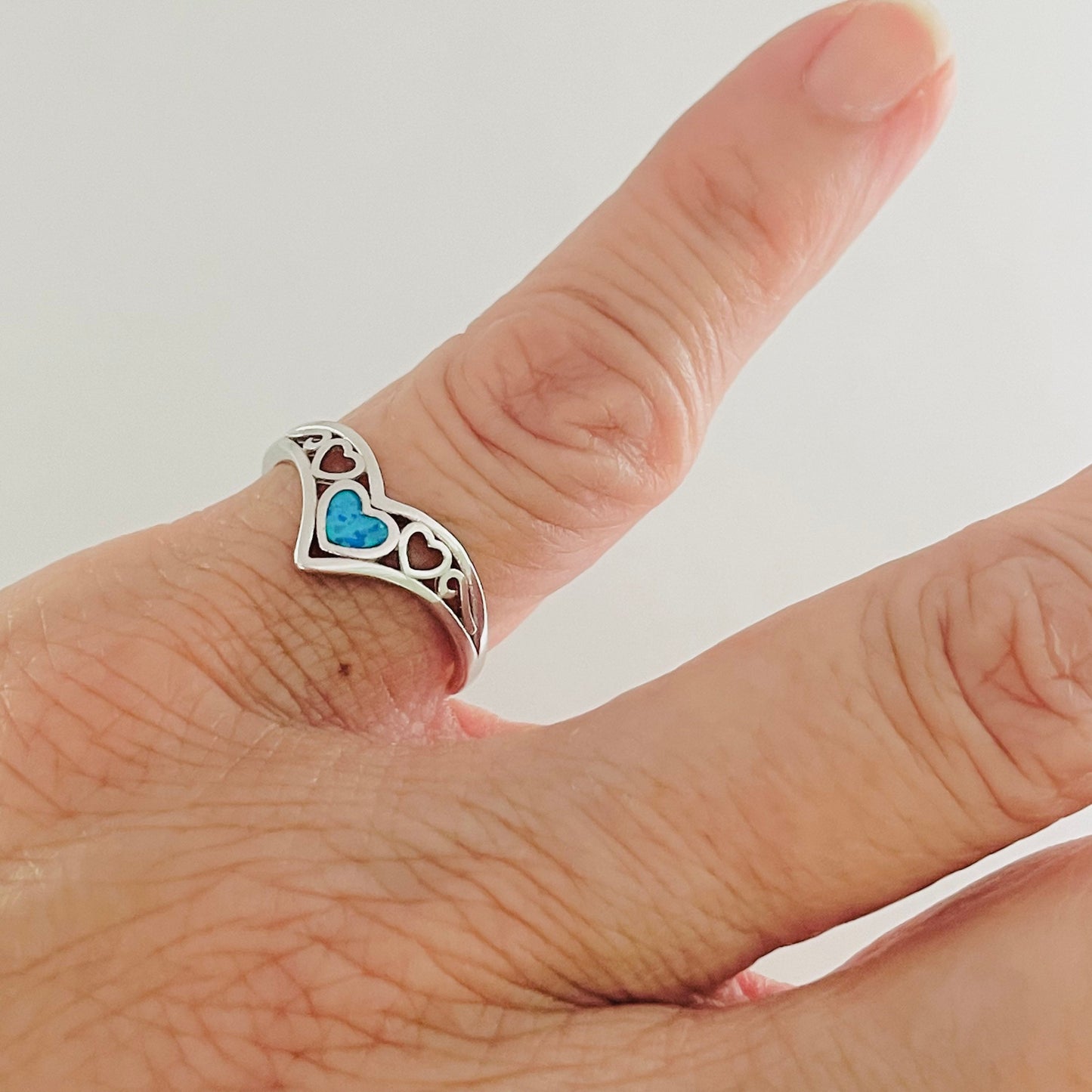 Sterling Silver V-Shape Heart Ring: Blue Lab Opal Boho Jewelry