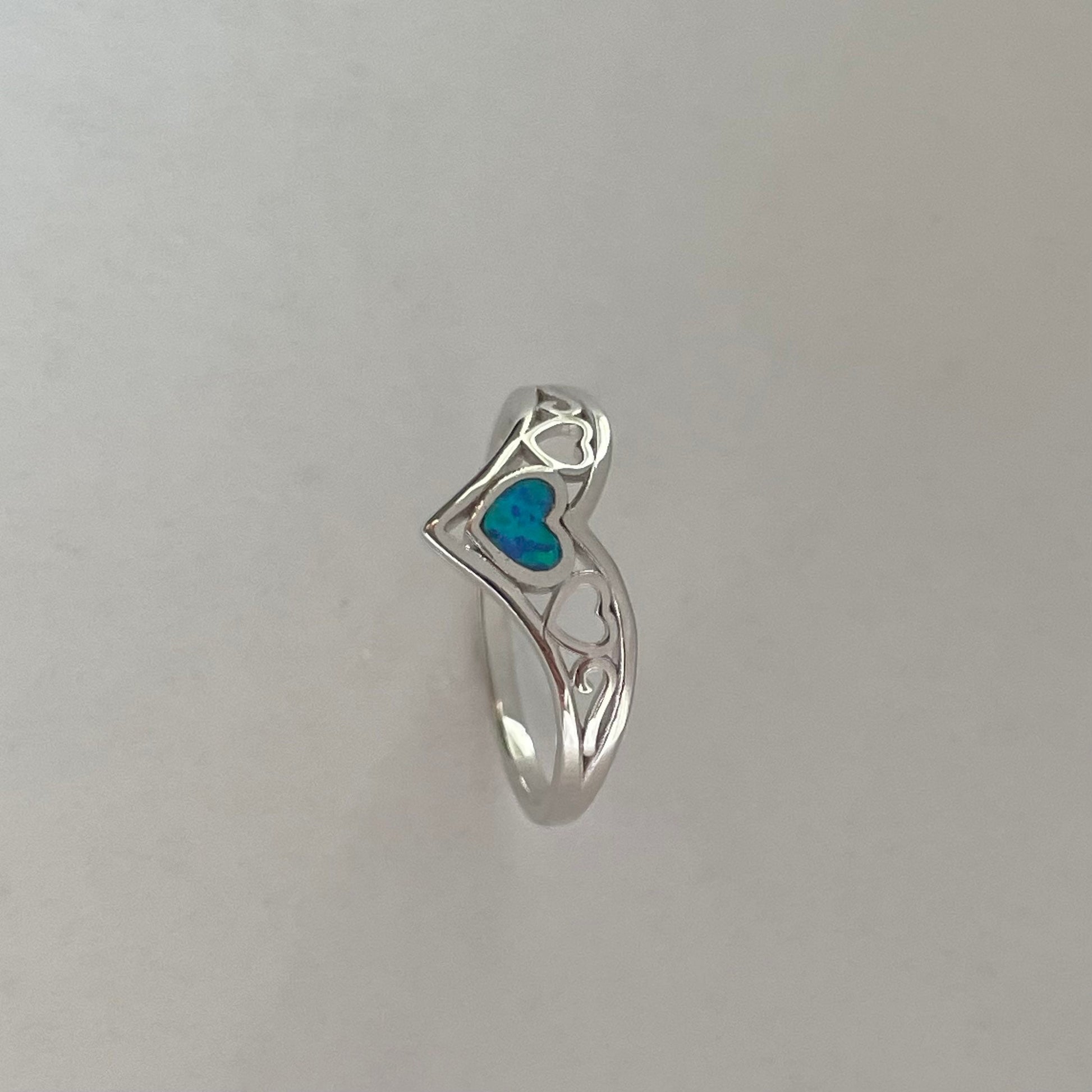 Sterling Silver V-Shape Heart Ring: Blue Lab Opal Boho Jewelry