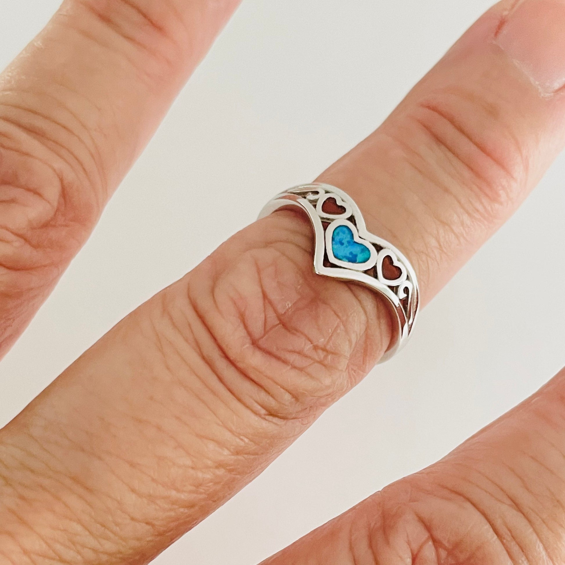 Sterling Silver V-Shape Heart Ring: Blue Lab Opal Boho Jewelry