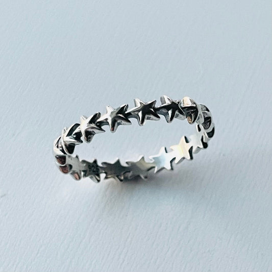 Sterling Silver Eternity Stars Band Ring: Celestial Boho Jewelry