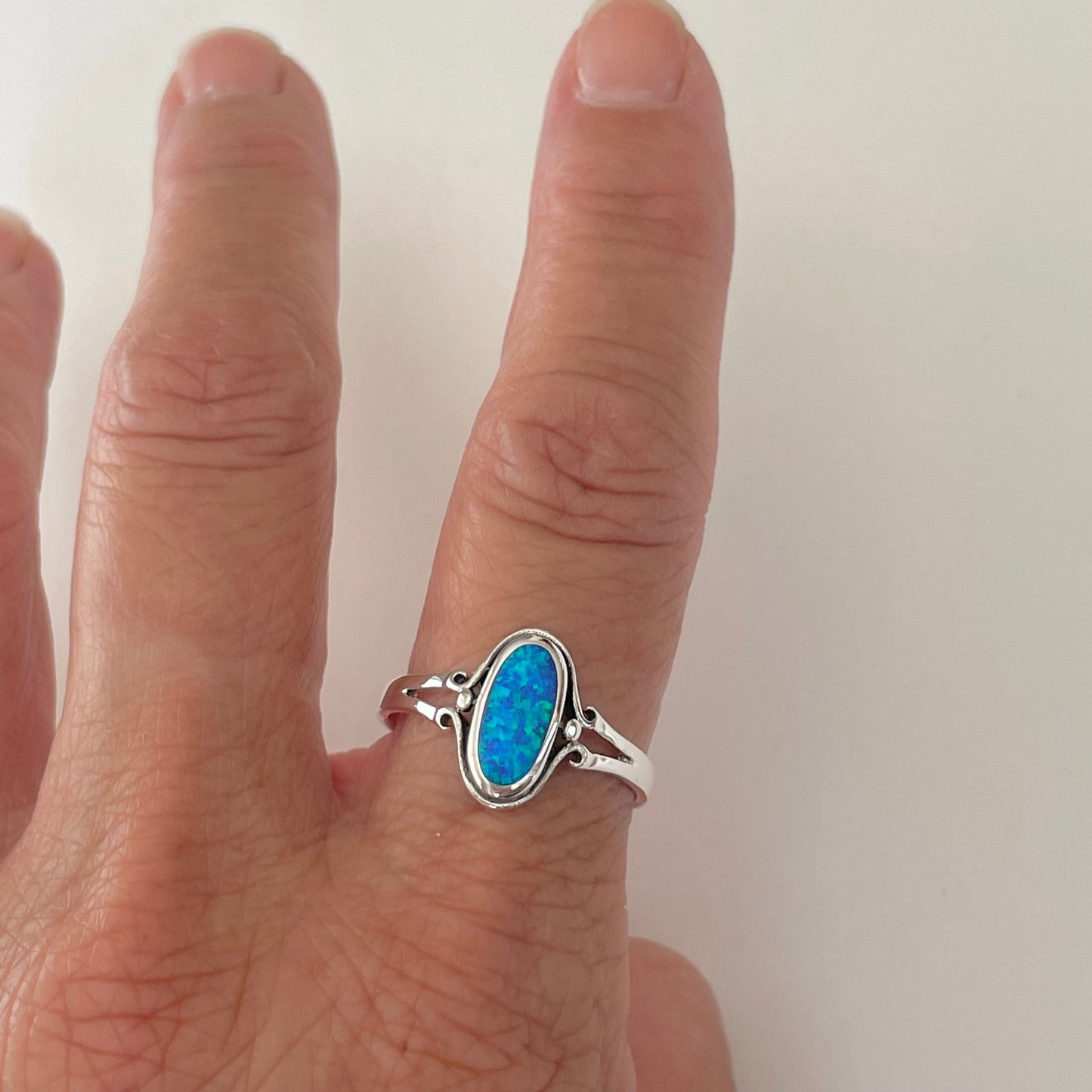Sterling Silver Oval Blue Opal Ring: Boho Statement Jewelry