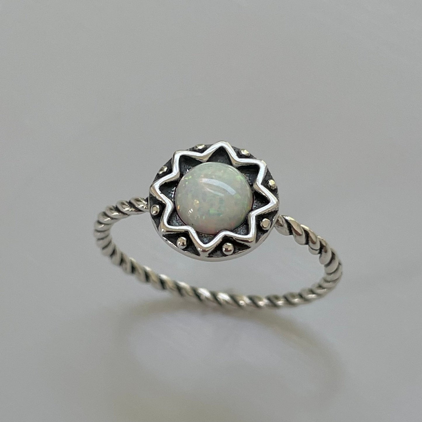Sterling Silver White Opal Mandala Flower Ring: Boho Rope Band
