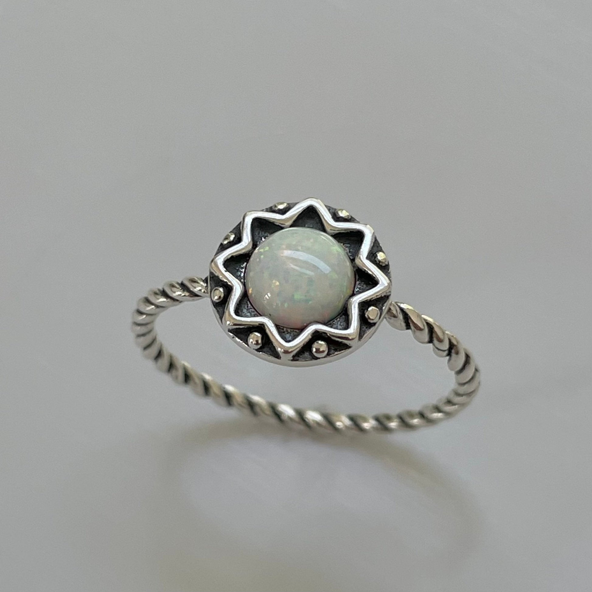 Sterling Silver White Opal Mandala Flower Ring: Boho Rope Band