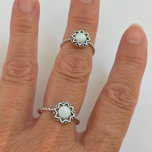 Sterling Silver White Opal Mandala Flower Ring: Boho Rope Band