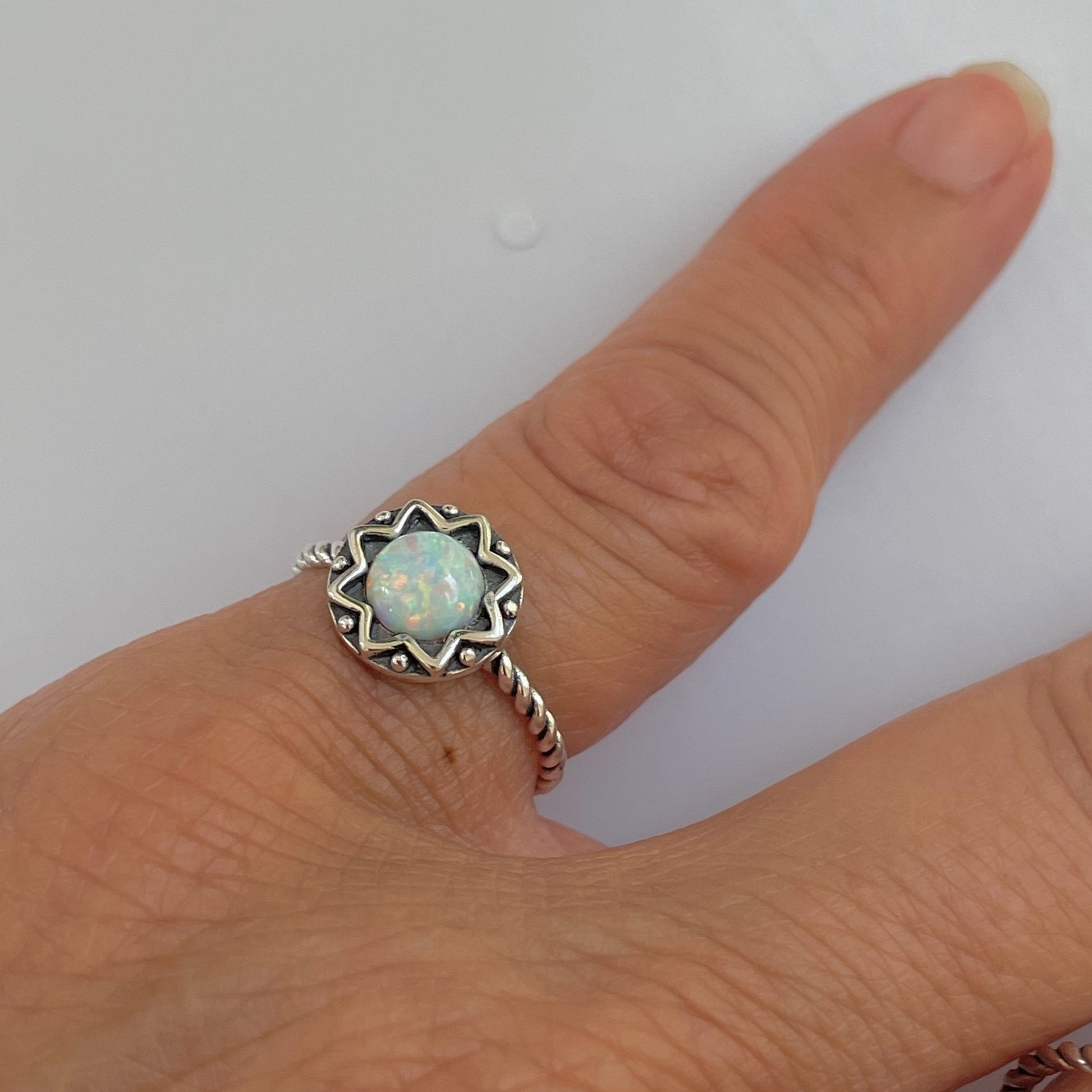 Sterling Silver White Opal Mandala Flower Ring: Boho Rope Band