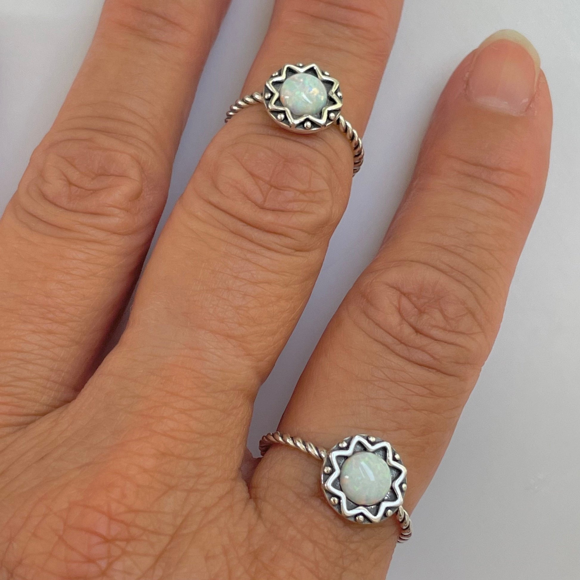 Sterling Silver White Opal Mandala Flower Ring: Boho Rope Band