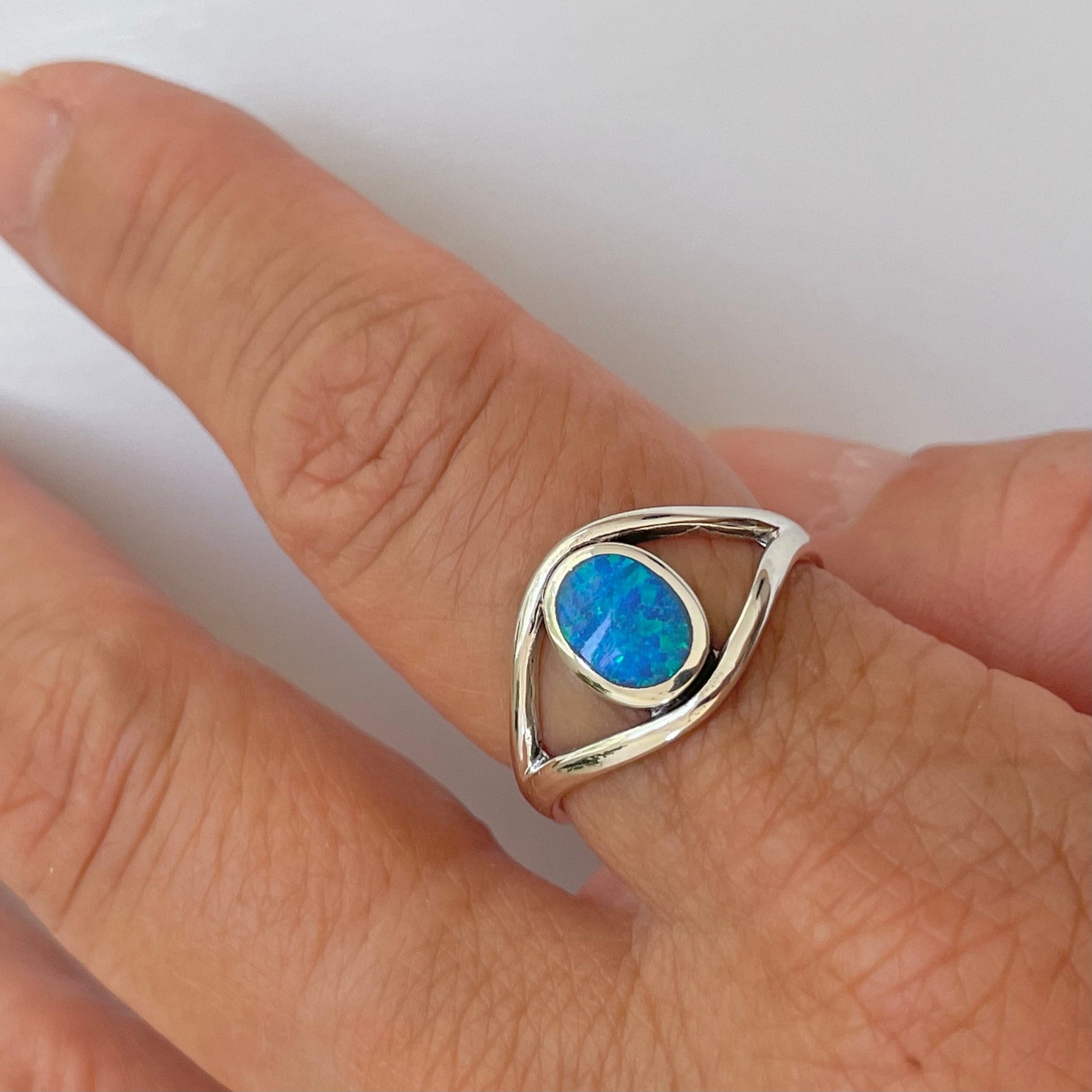 Sterling Silver Eye Ring: Blue or White Lab Opal Statement Ring