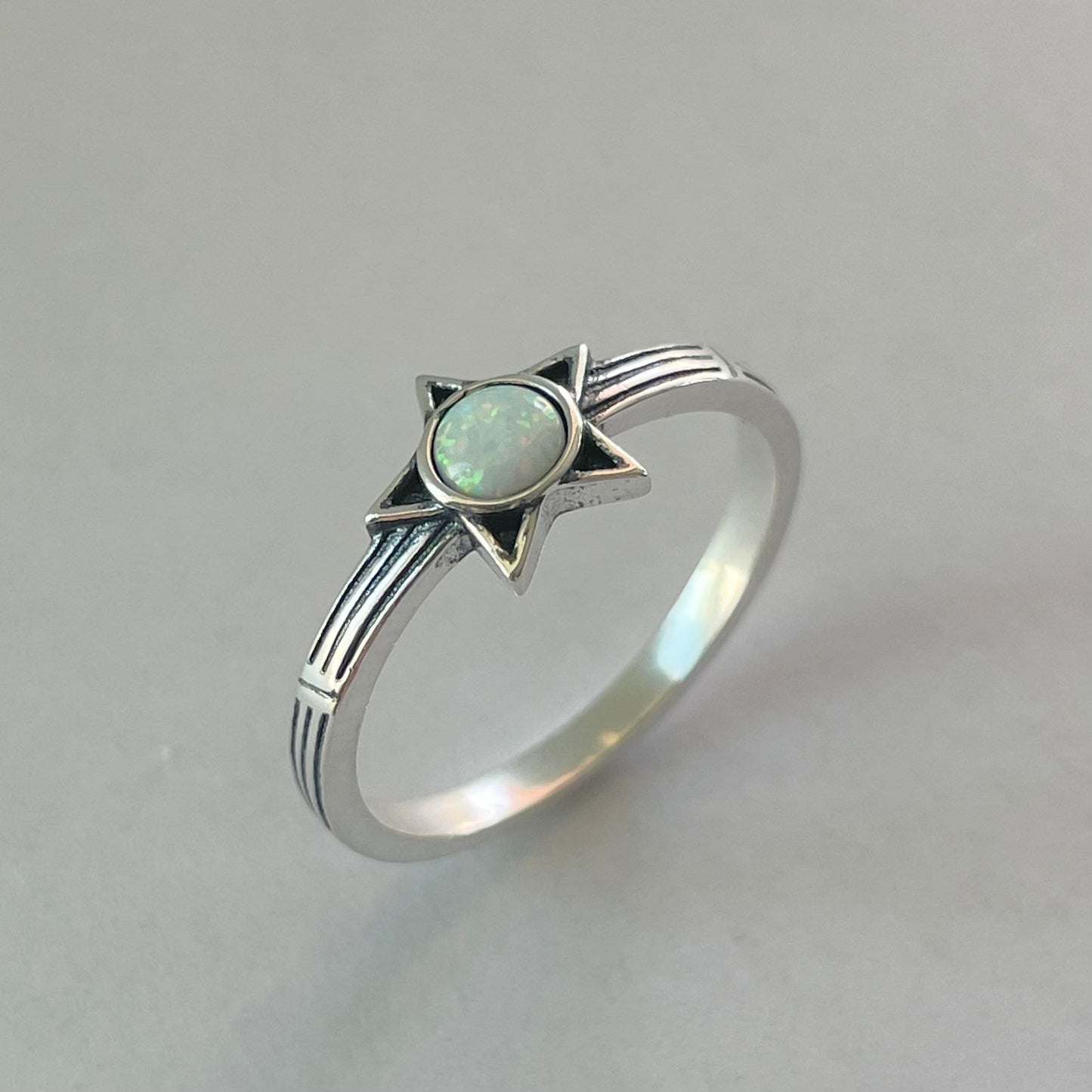 Sterling Silver Star Ring: White Lab Opal Boho Jewelry