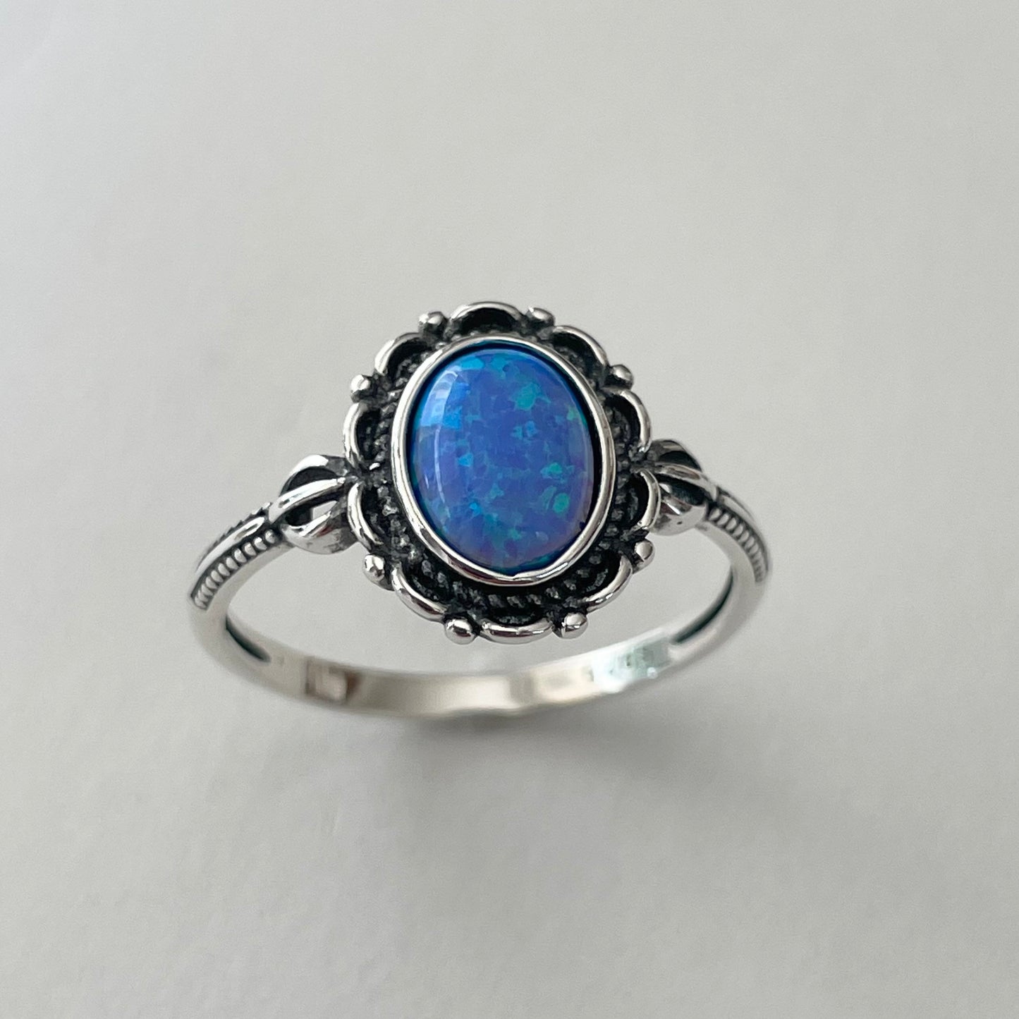 Sterling Silver Blue Opal Victorian Flower Ring, Silver Flower Ring, Boho Ring, Silver Opal Flower Ring, Promise Love Ring, Floral Opal Ring