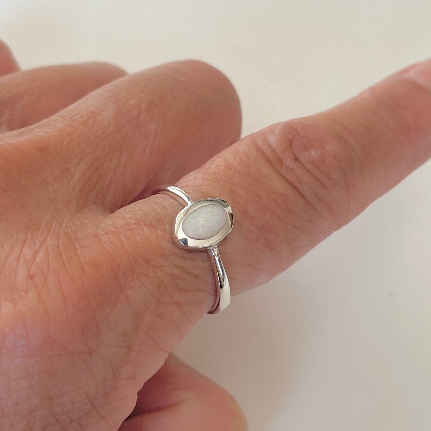 Sterling Silver White Lab Opal Ring: Oval Solitaire Boho Ring