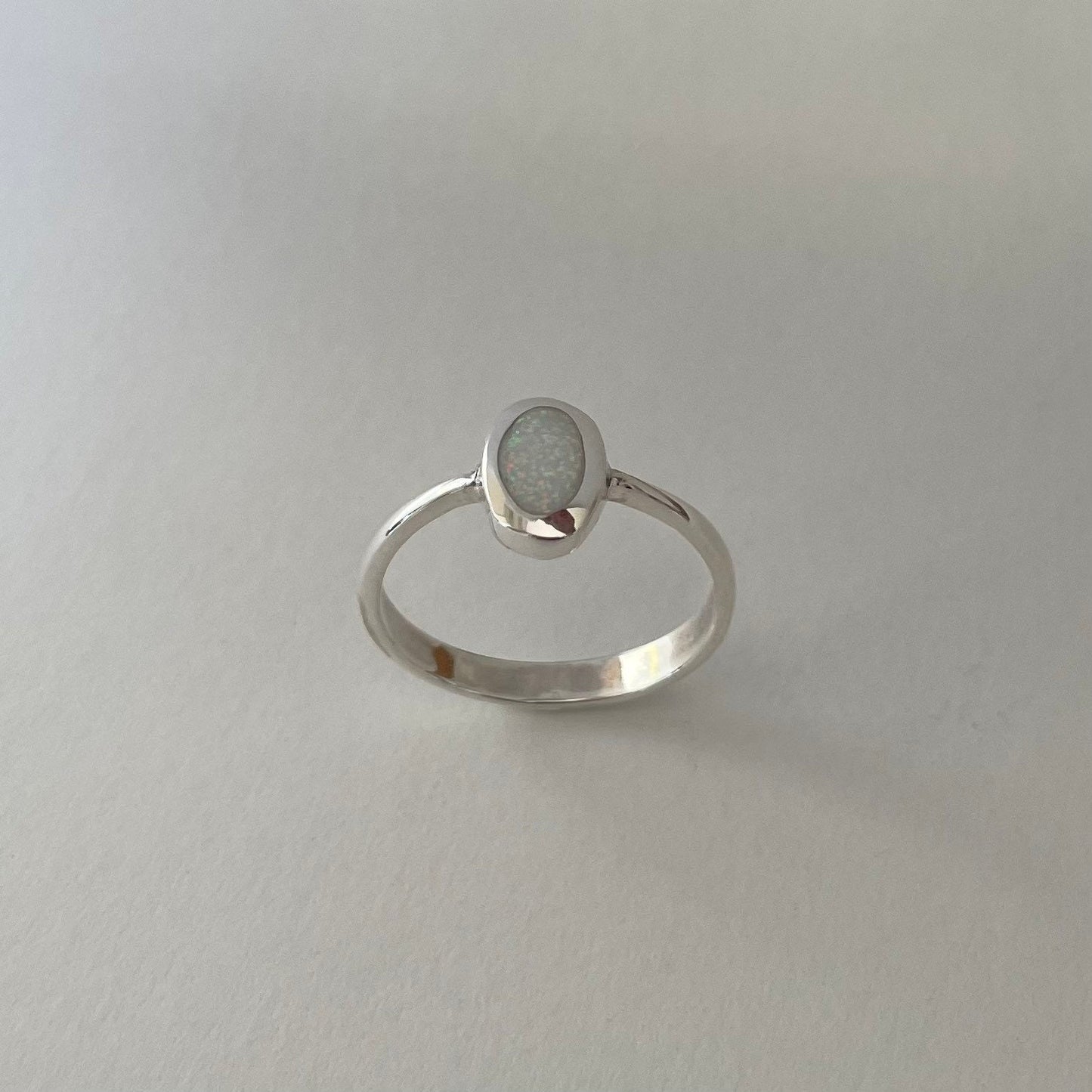 Sterling Silver White Lab Opal Ring: Oval Solitaire Boho Ring