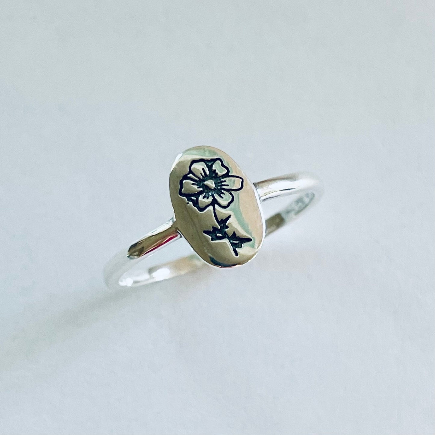 Sterling Silver Engraved Birth Flower Ring: Oxidized Floral Jewelry