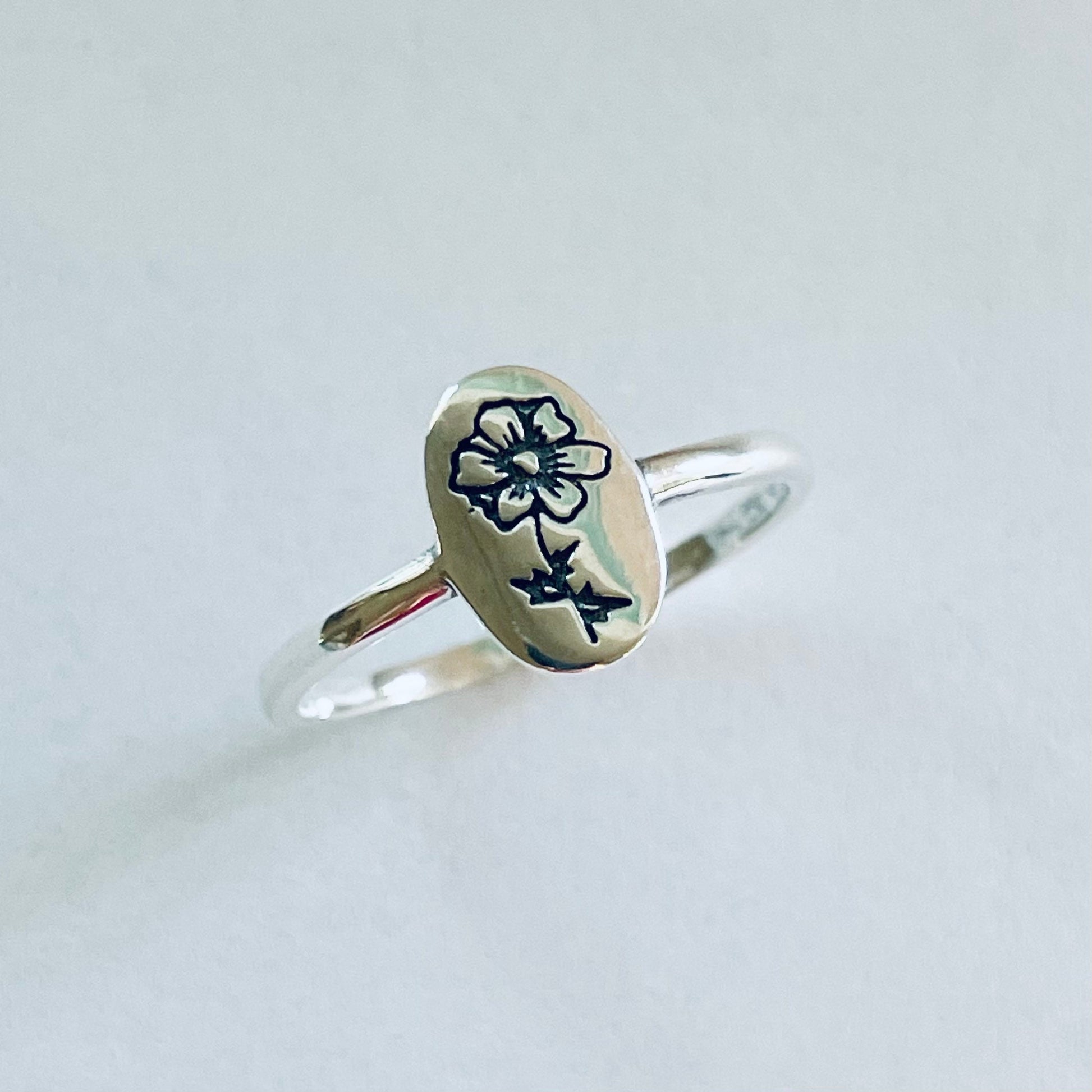 Sterling Silver Engraved Birth Flower Ring: Oxidized Floral Jewelry