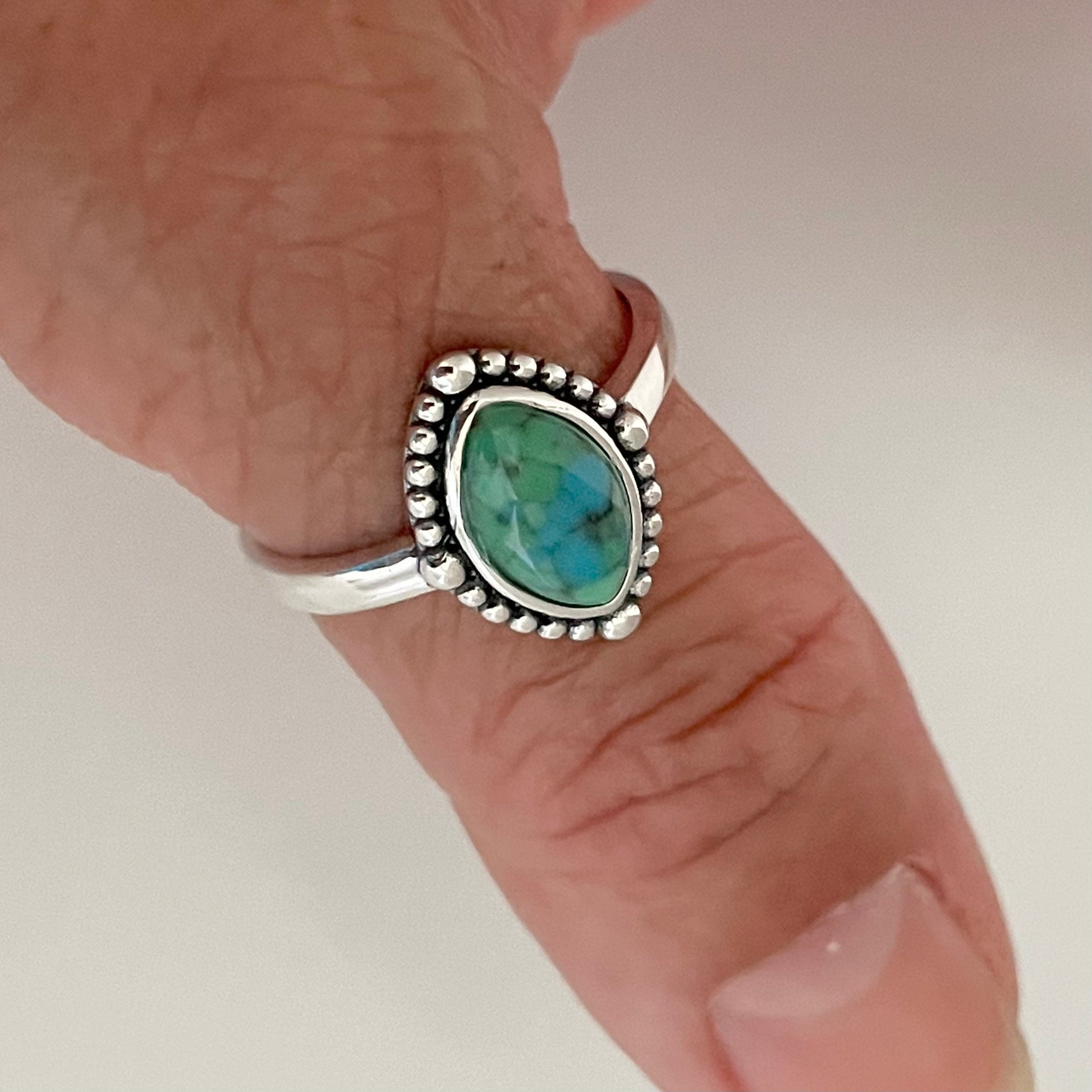Sterling Silver Genuine Turquoise Ring, Diamond Shape Ring, Opal Beads Ring, Boho Ring, Turquoise Beads Ring, Love Ring, Promise Opal Ring.