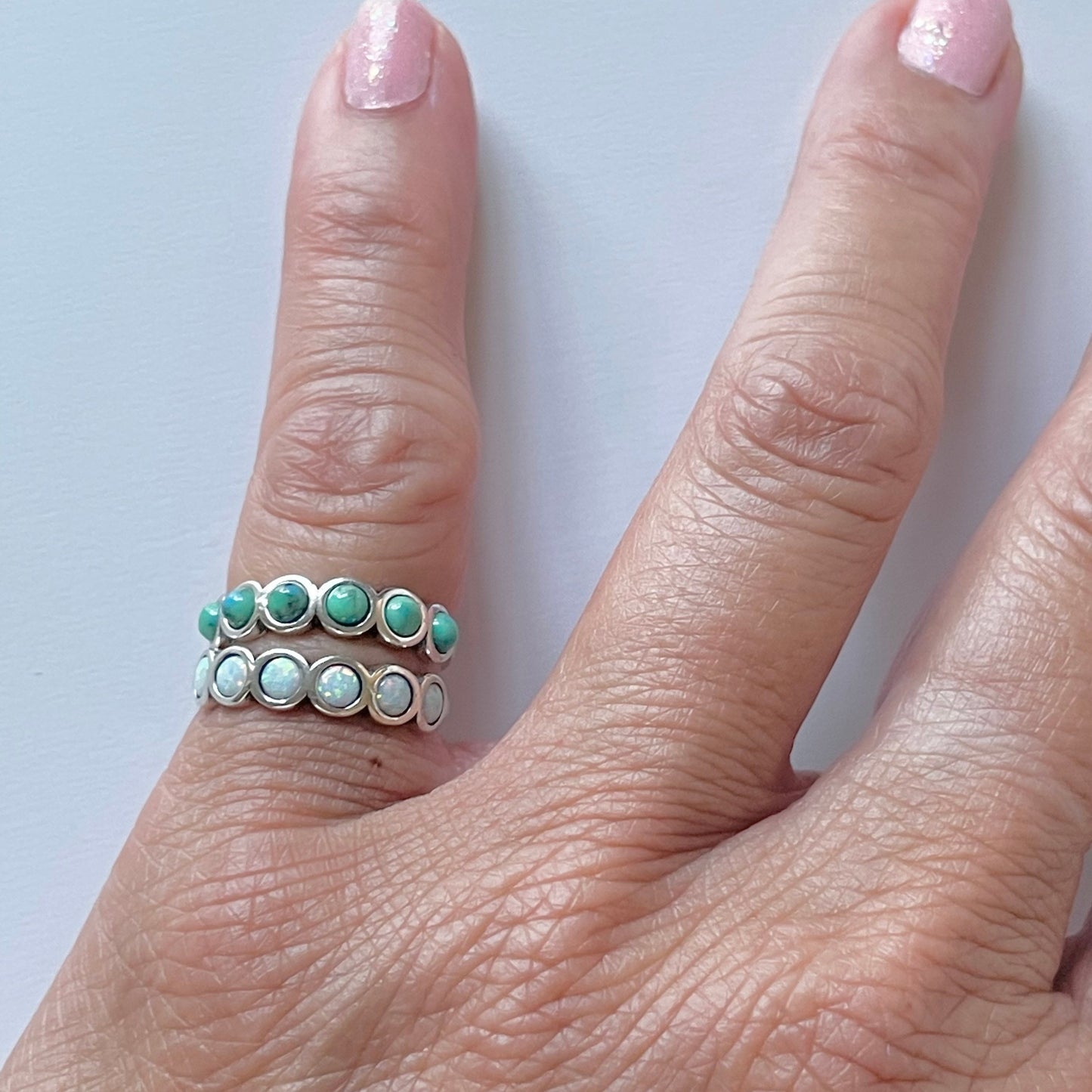Sterling Silver Band Ring: White Opal or Turquoise, Boho Stacking Ring