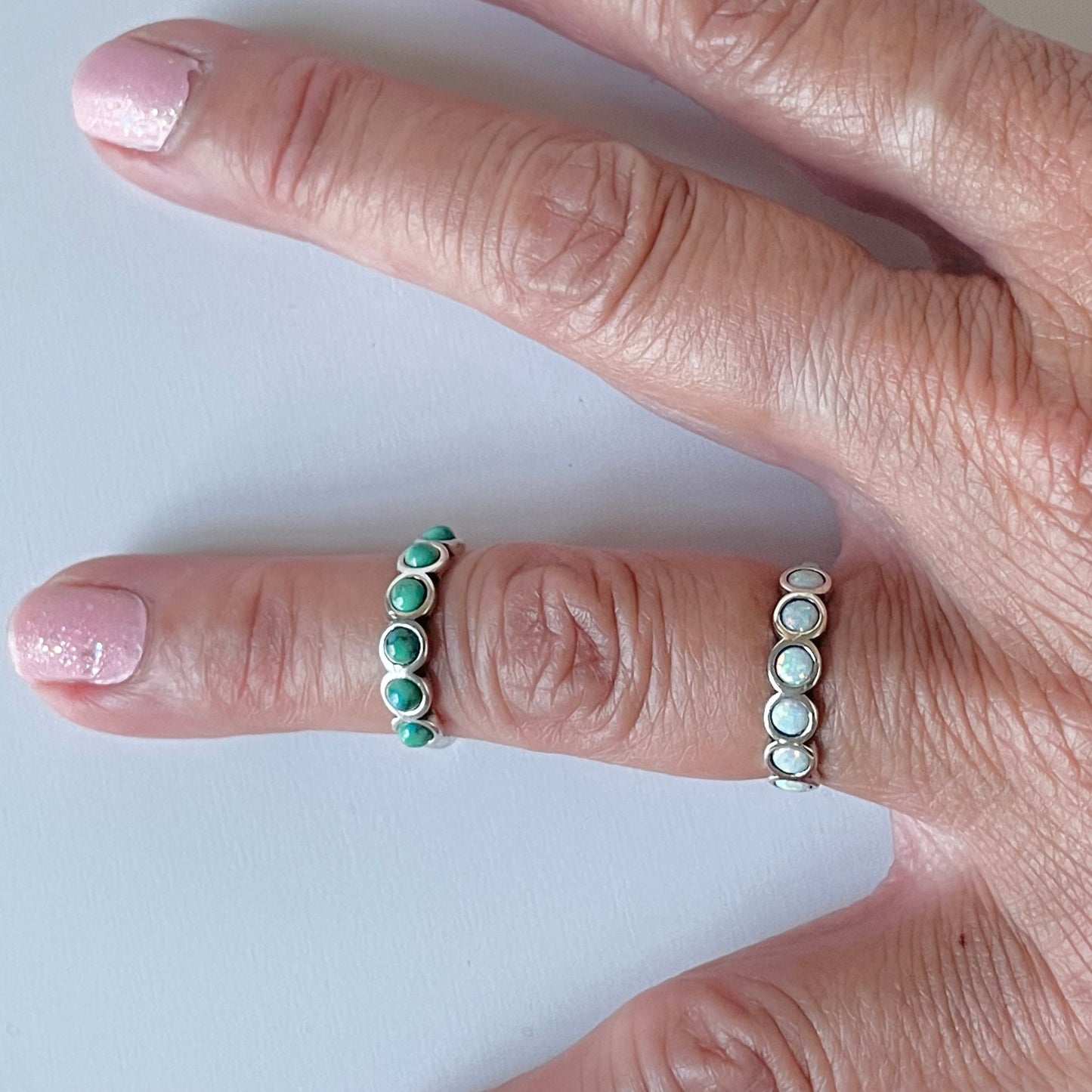 Sterling Silver Band Ring: White Opal or Turquoise, Boho Stacking Ring