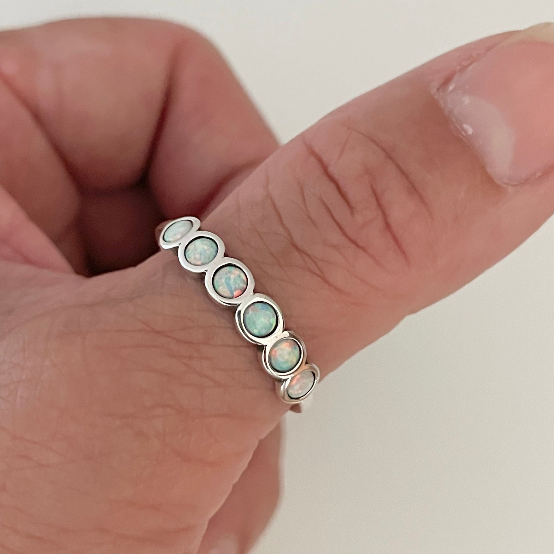 Fire White Opal or Genuine Turquoise Sterling Silver Band Ring, Opal Ring, Turquoise Band, Round Ring, Promise Ring, Wedding Band