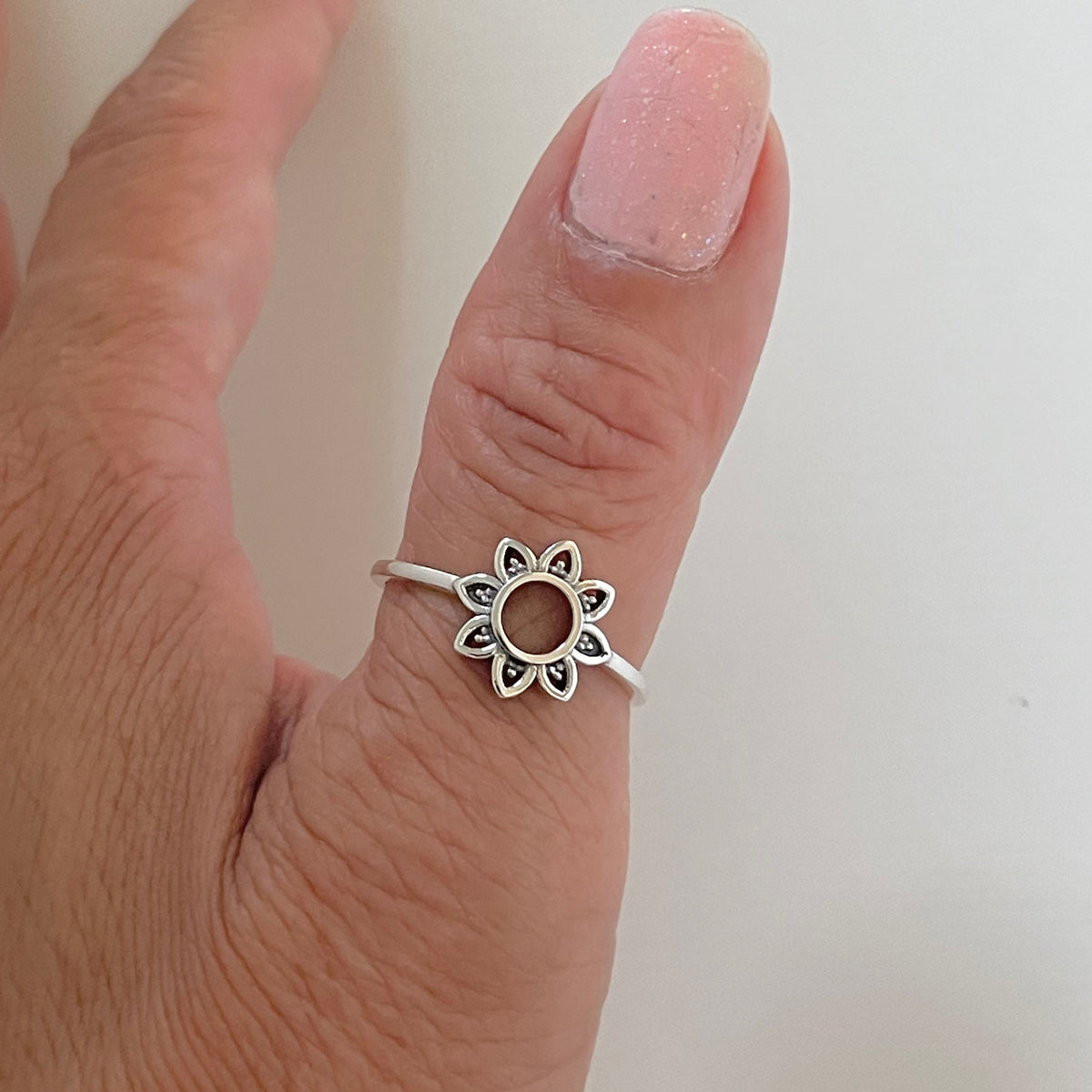 Sterling Silver Mandala Flower Ring: Boho Spiritual Jewelry