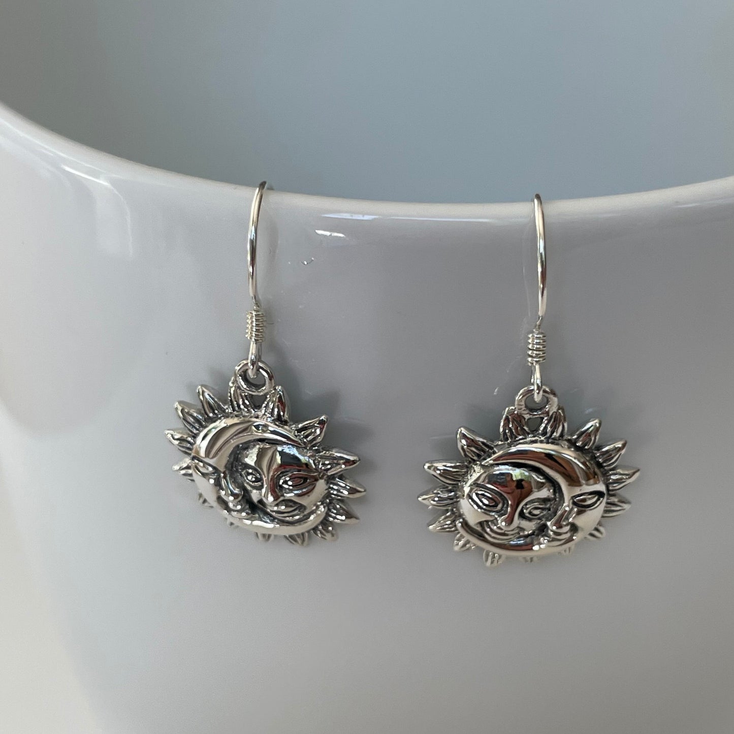 Sterling Silver Moon Dangling Earrings, Half Moon Earrings, Moon Face Earrings, Promise Earrings, Sunflower Earrings, Silver Moon Earrings