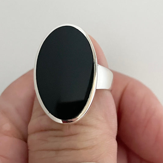 Oval Black Agate Sterling Silver Ring: Unisex Statement Jewelry
