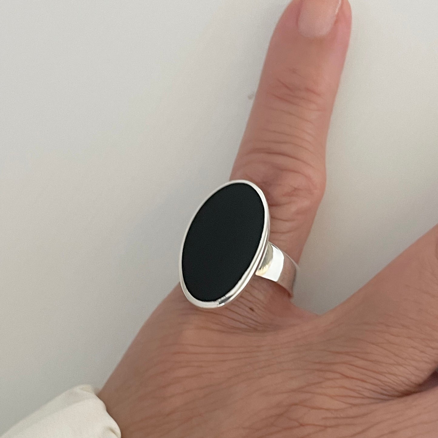 Oval Black Agate Sterling Silver Ring: Unisex Statement Jewelry