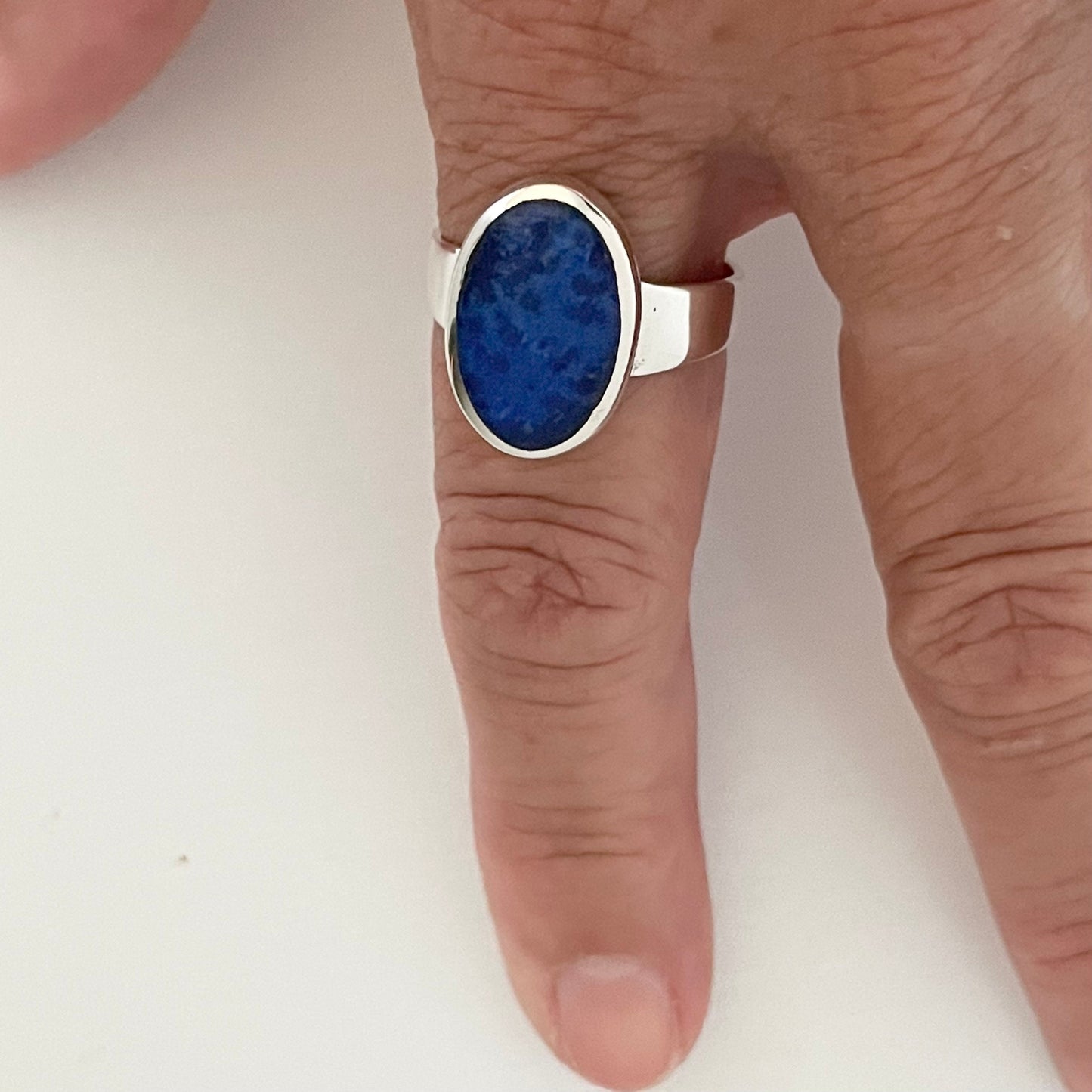 Oval Blue Lapis Sterling Silver Ring - Boho Statement Ring