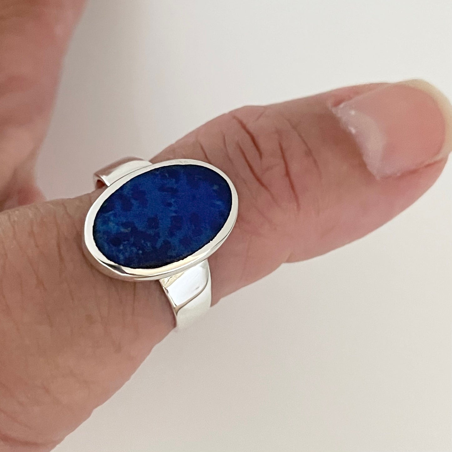 Oval Blue Lapis Sterling Silver Ring - Boho Statement Ring