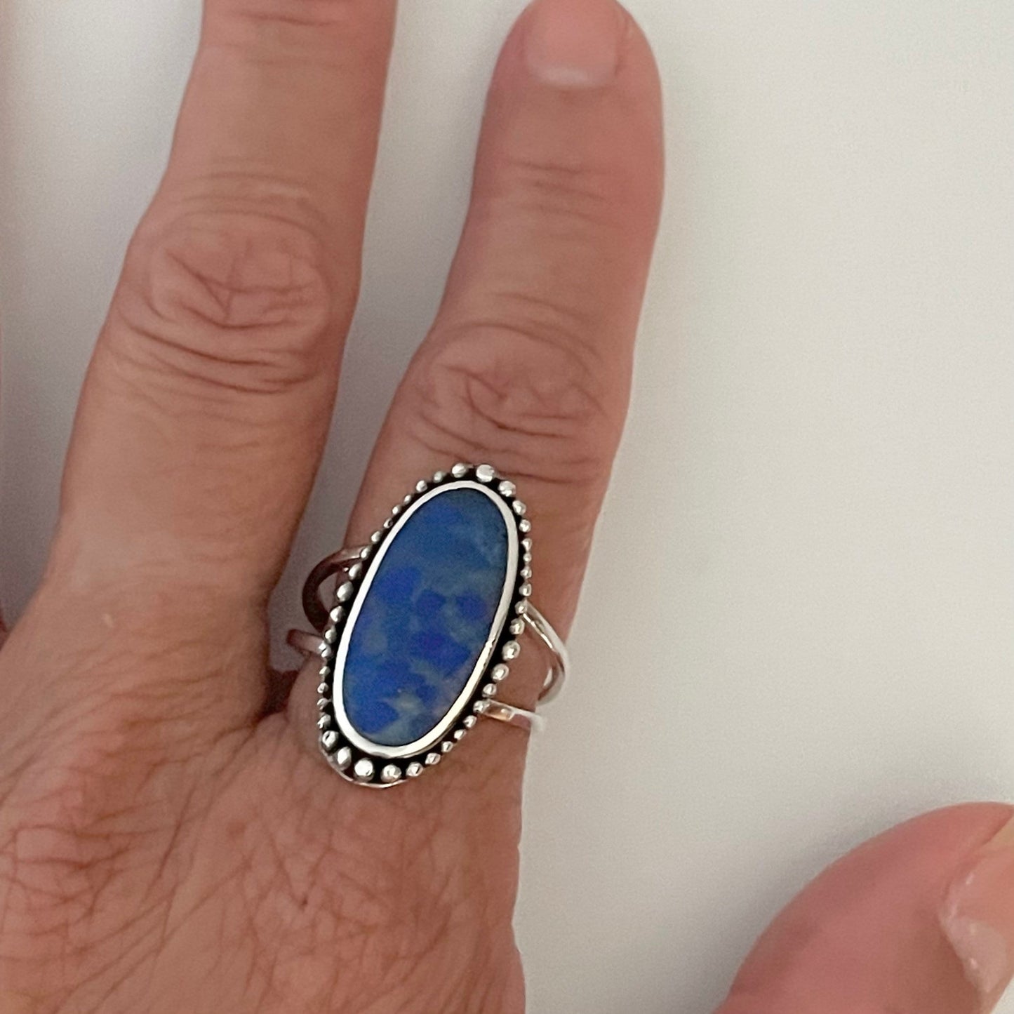 Large Vintage Blue Lapis lazuli Sterling Silver Ring, Beads Silver Ring, Blue Lapis Band, Promise Ring, Antique Silver Ring, Statemen Ring,