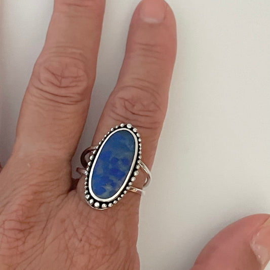 Large Vintage Blue Lapis lazuli Sterling Silver Ring, Beads Silver Ring, Blue Lapis Band, Promise Ring, Antique Silver Ring, Statemen Ring,