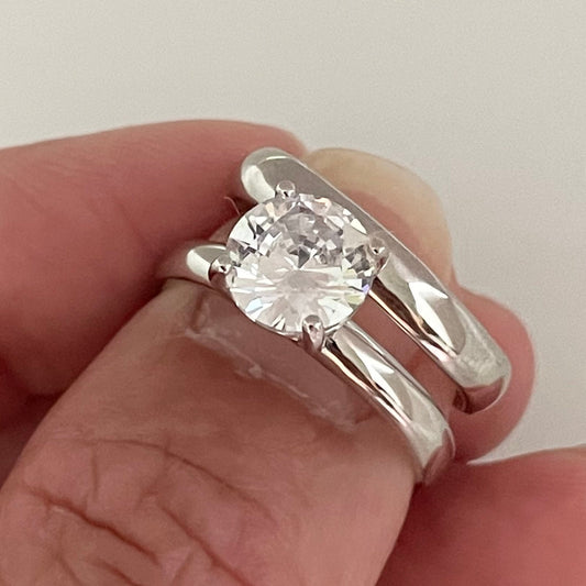 CZ Solitaire Sterling Silver Wedding Ring Set