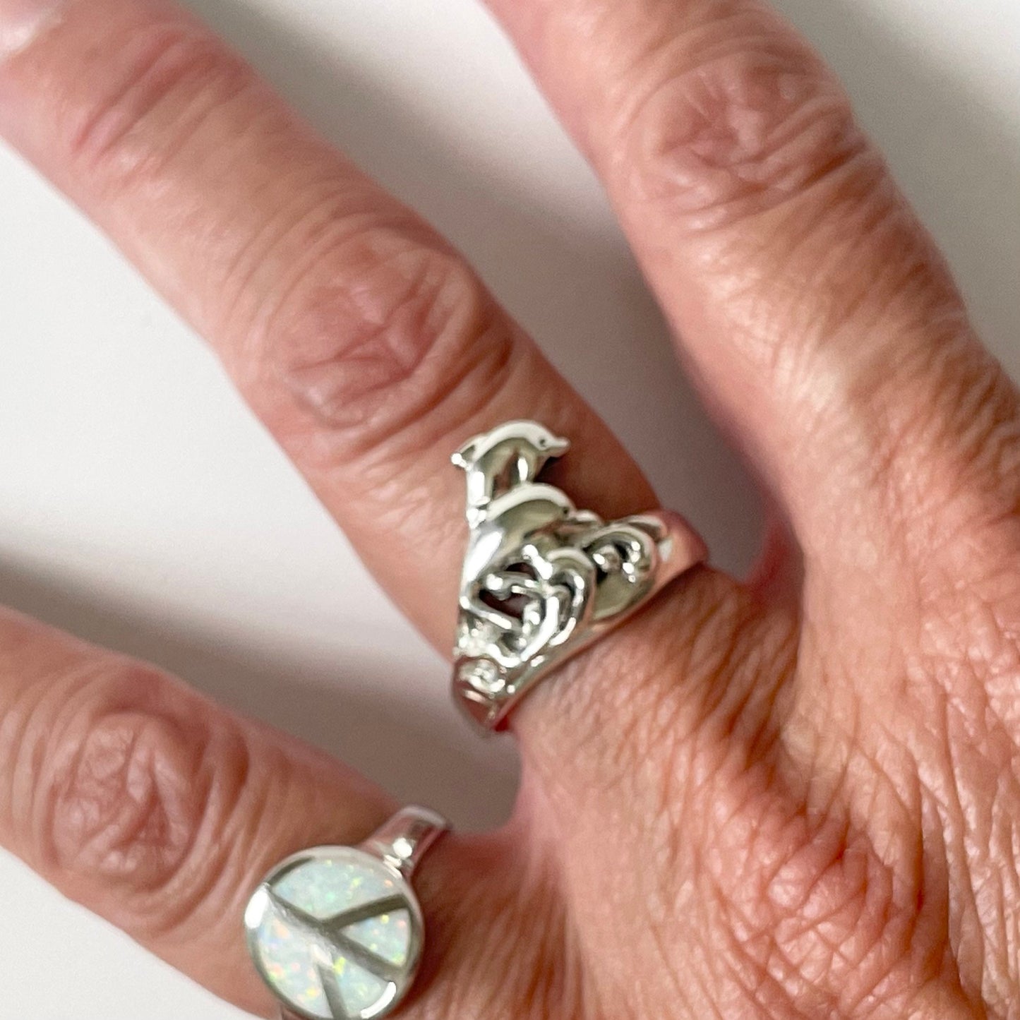 Twins Dolphin Sterling Silver Ring: Ocean Wave Band