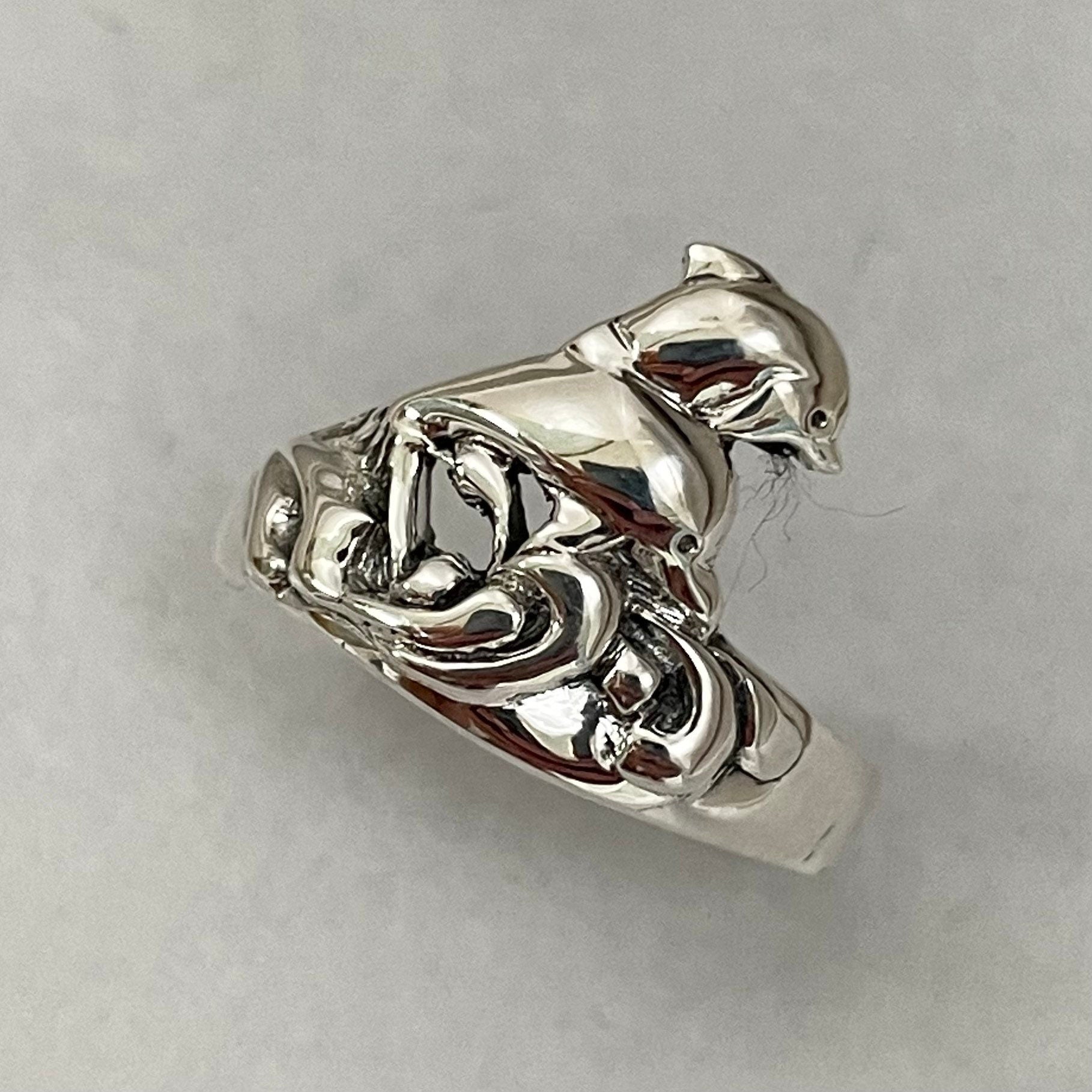 Twins Dolphin Sterling Silver Ring: Ocean Wave Band