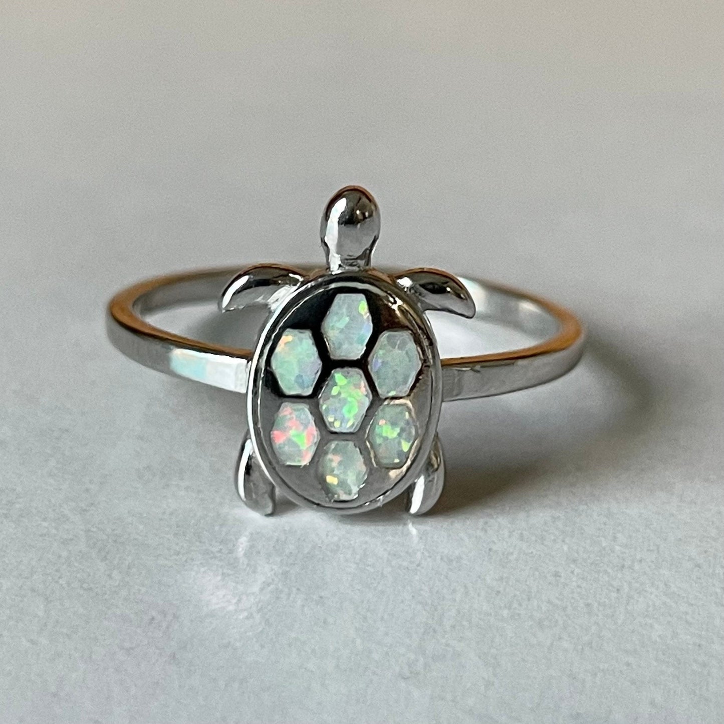 Sterling Silver Turtle Ring: White or Blue Lab Opal, Ocean Jewelry